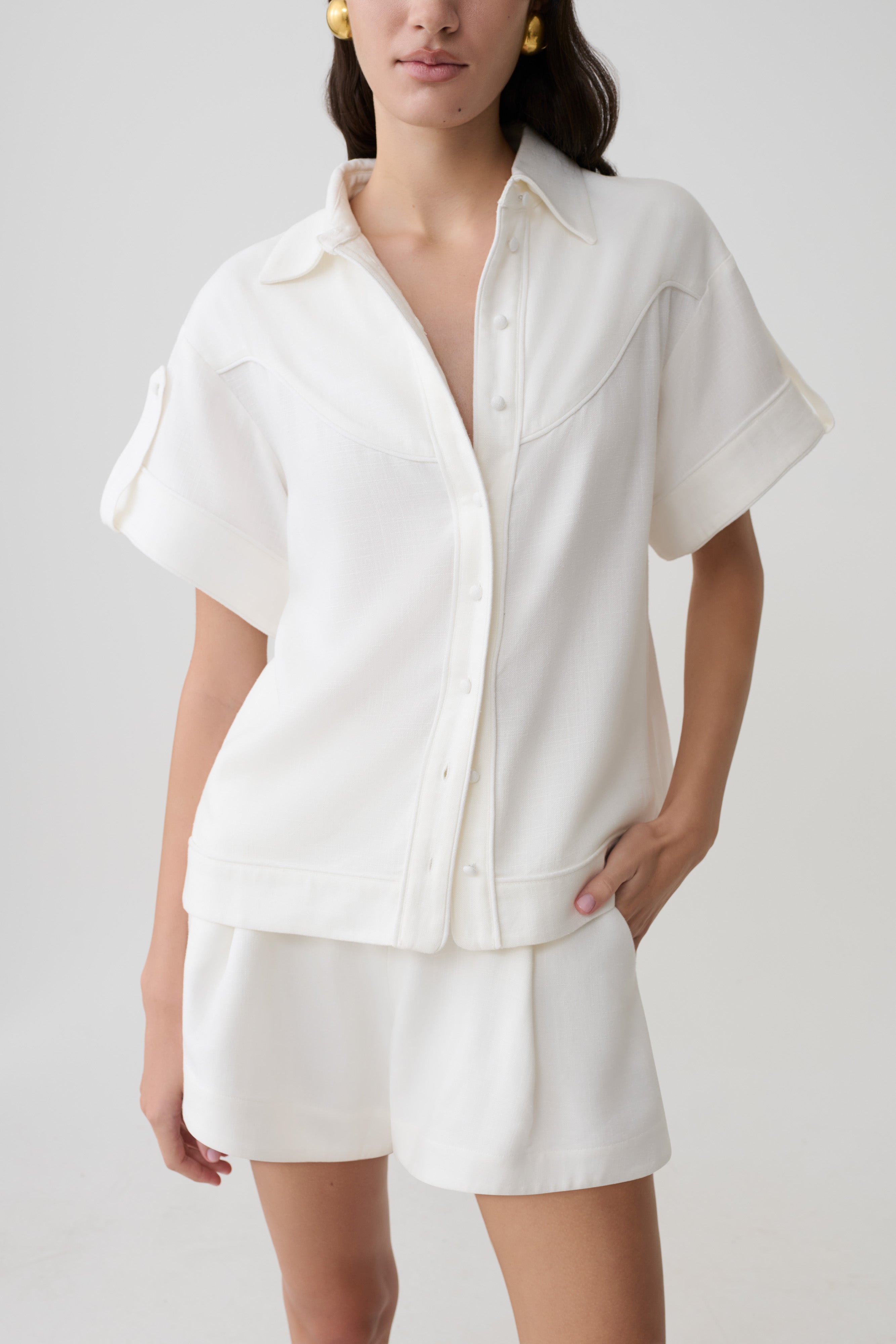 Selena Linen Short Sleeve Shirt - White