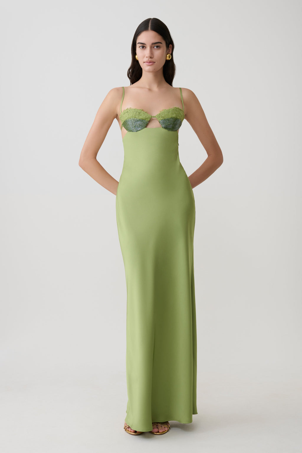 Fiorella Embellished Satin Maxi Dress - Pistachio
