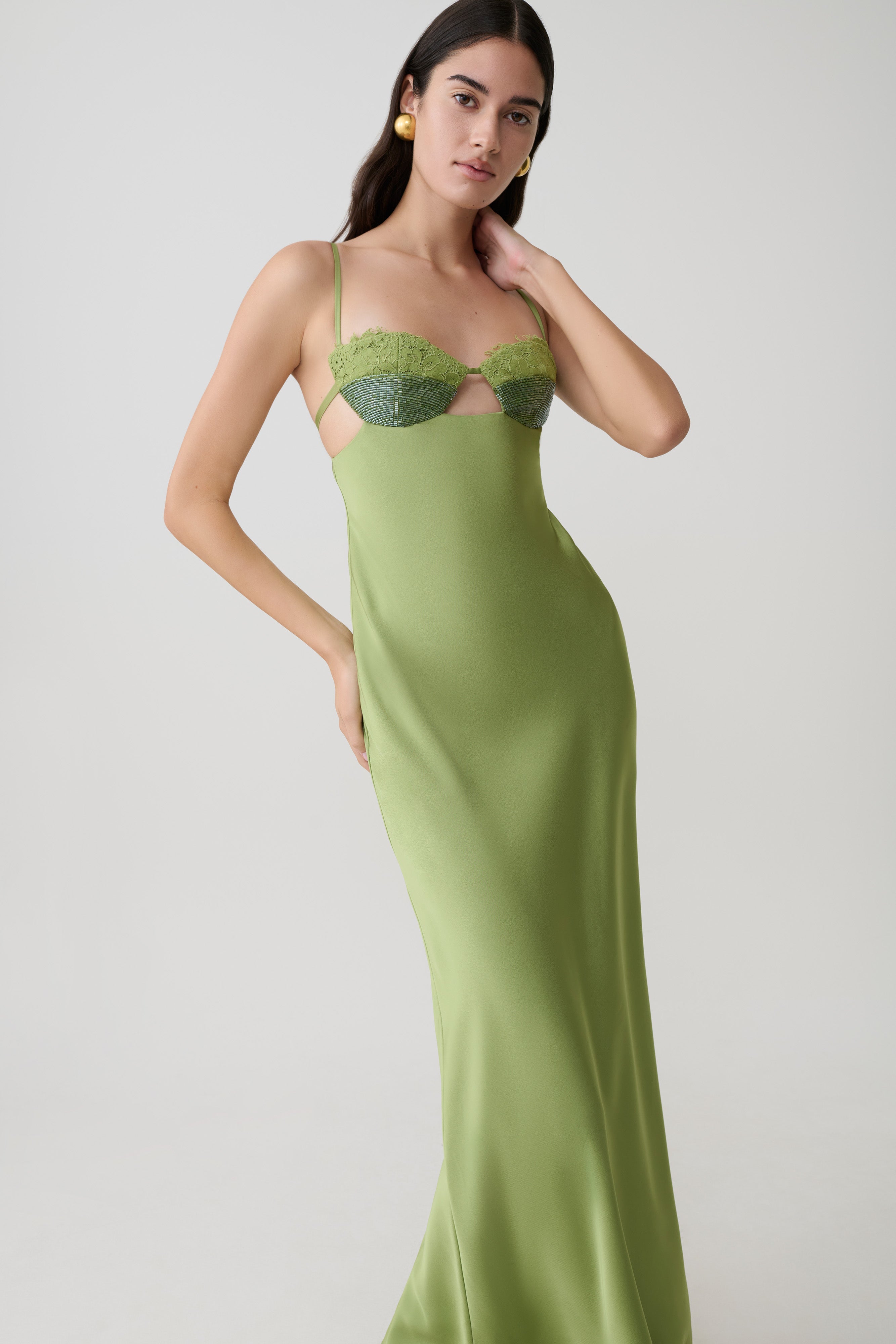 Fiorella Embellished Satin Maxi Dress - Pistachio
