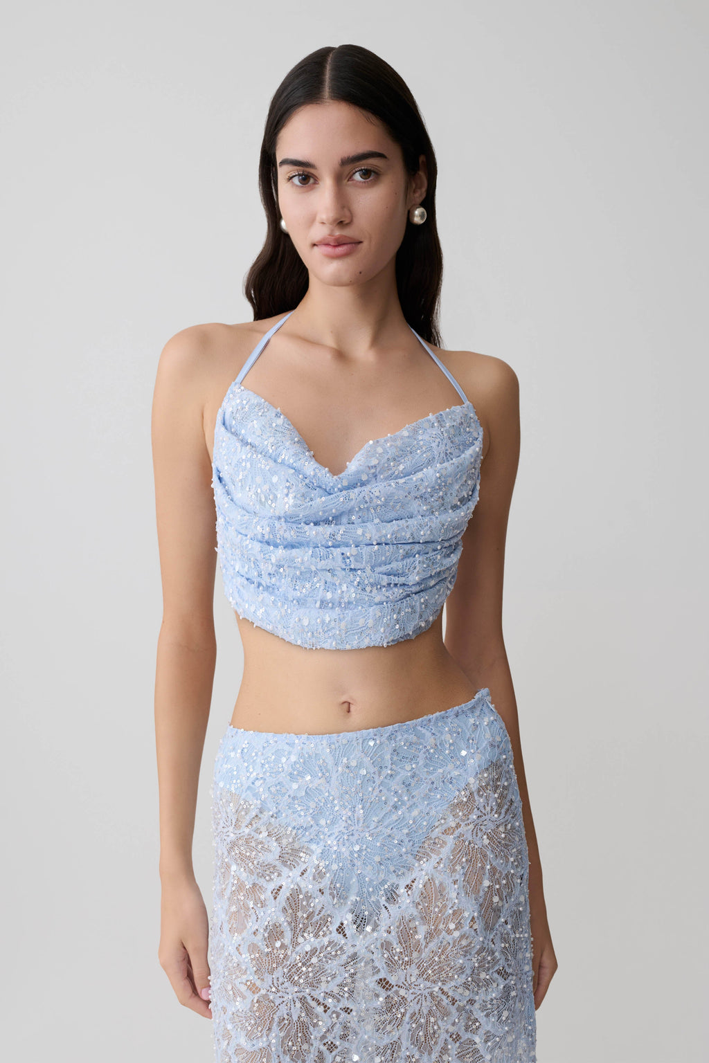 Kiara Pearl Beaded Cowl Crop Top - Powder Blue