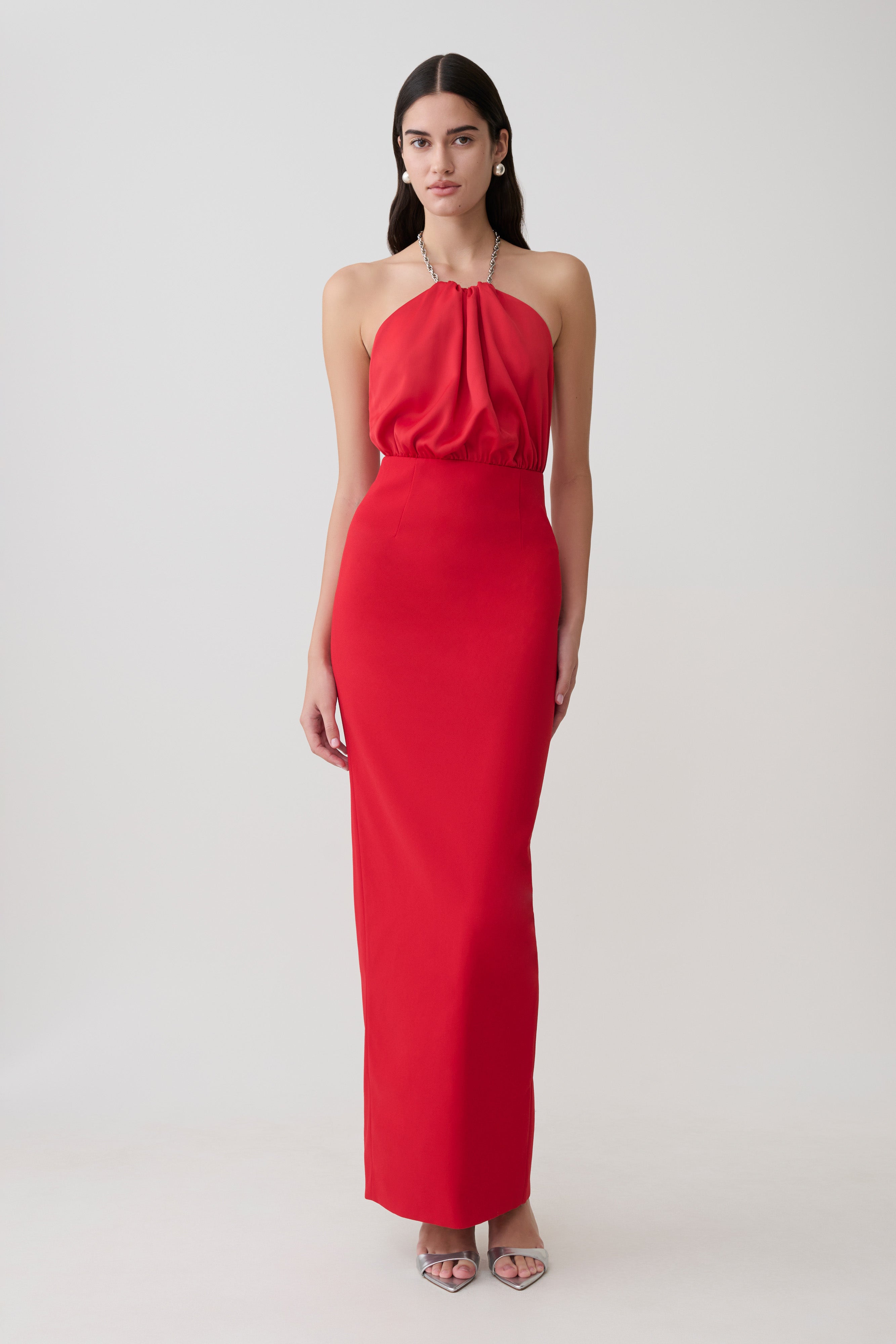 Elina Satin Necklace Maxi Dress - Red