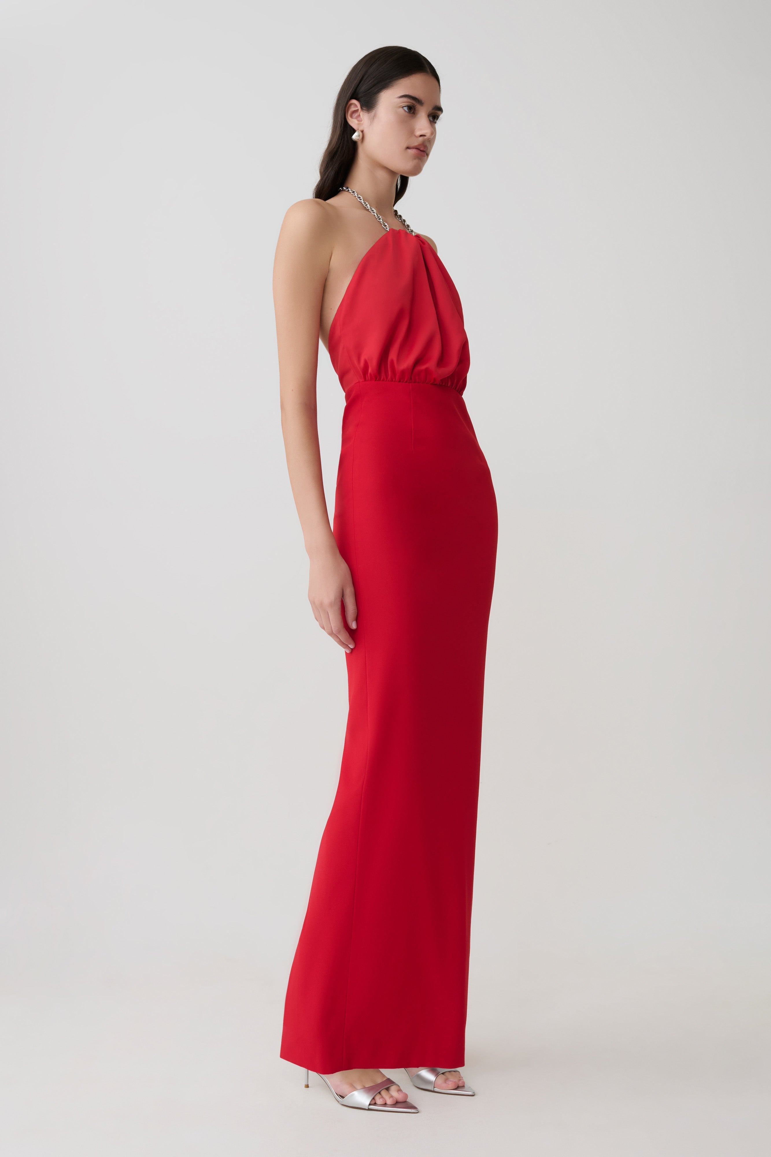 Elina Satin Necklace Maxi Dress - Red