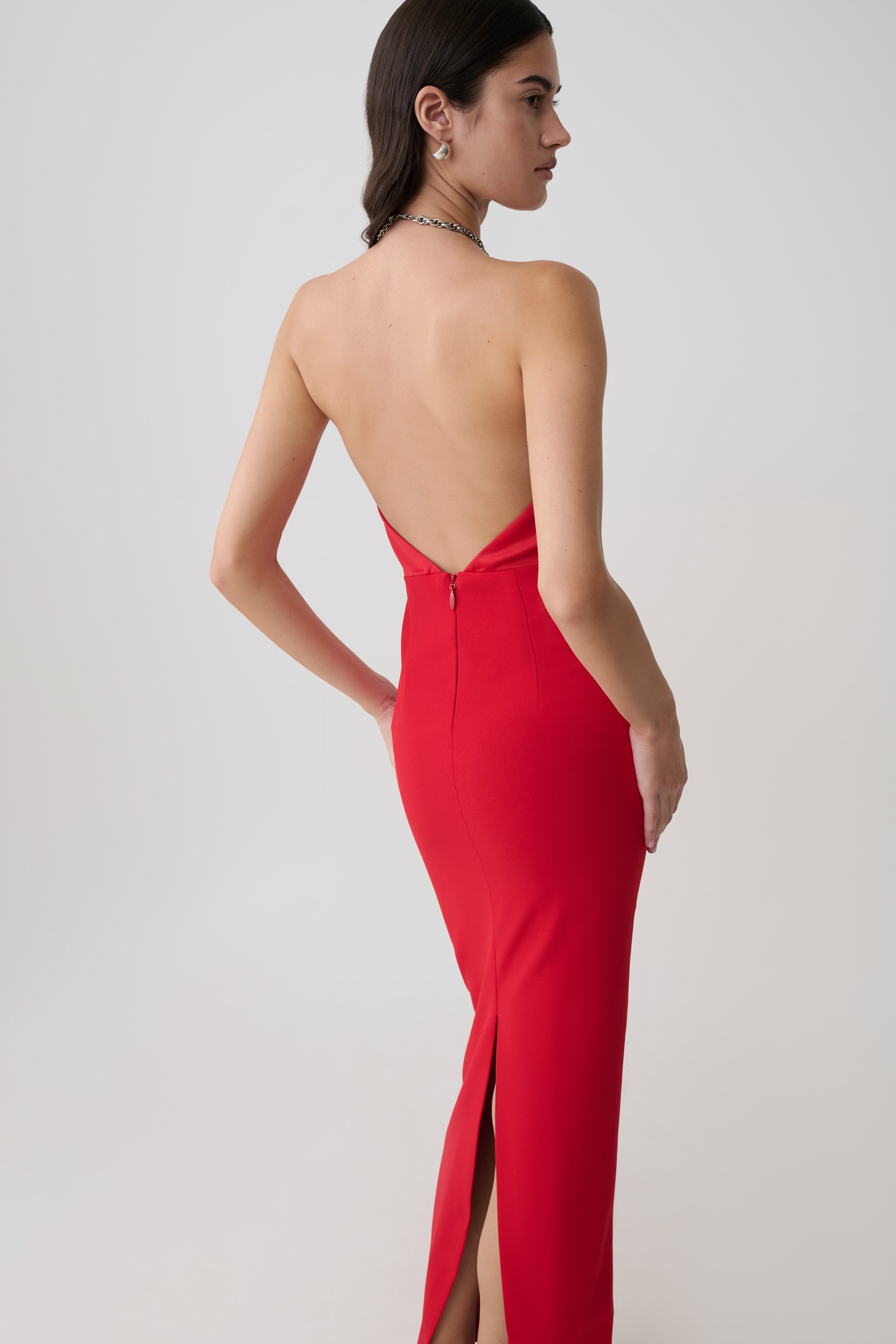 Elina Satin Necklace Maxi Dress - Red