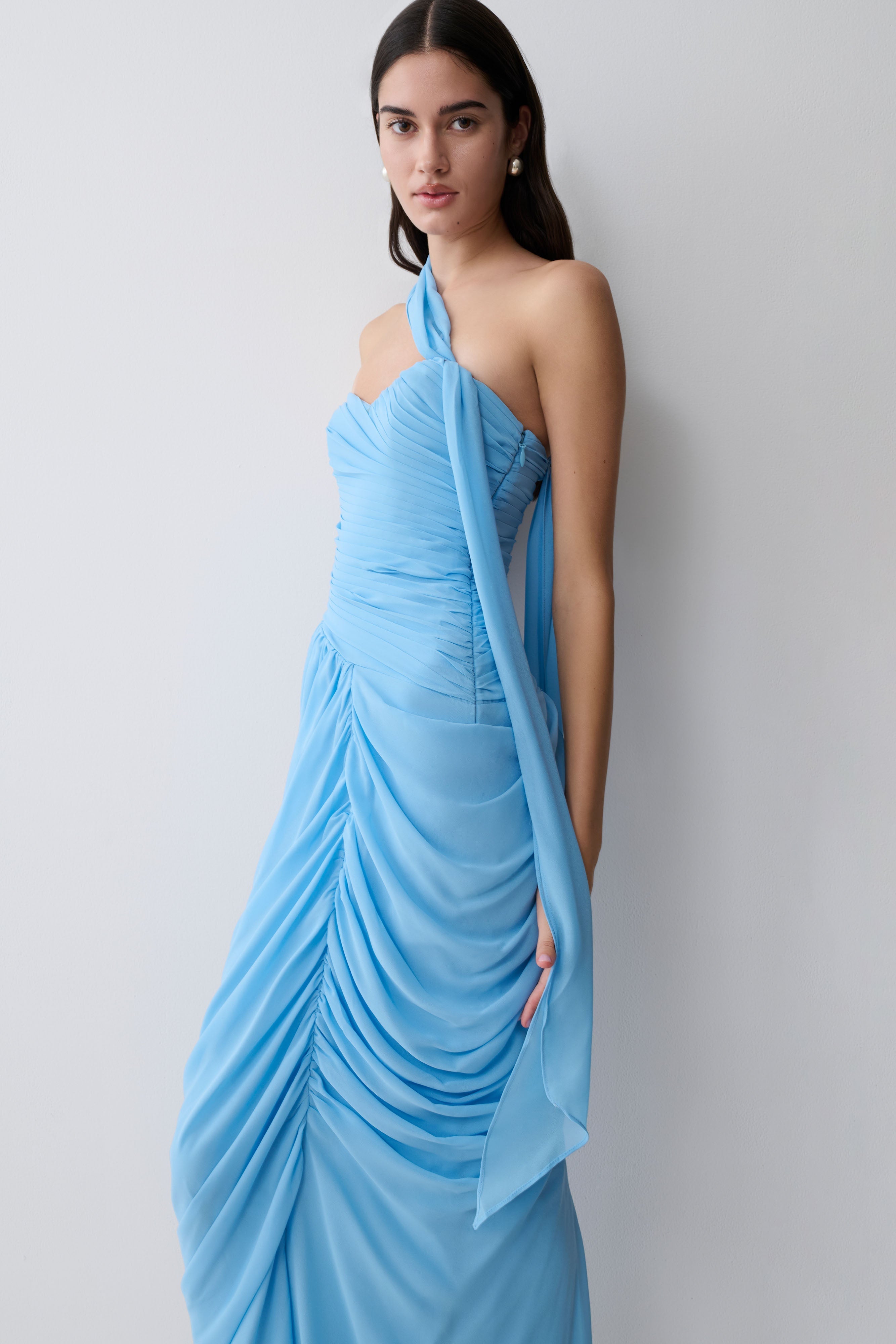 Micaela Chiffon Gathered Maxi Dress - Alaskan Blue
