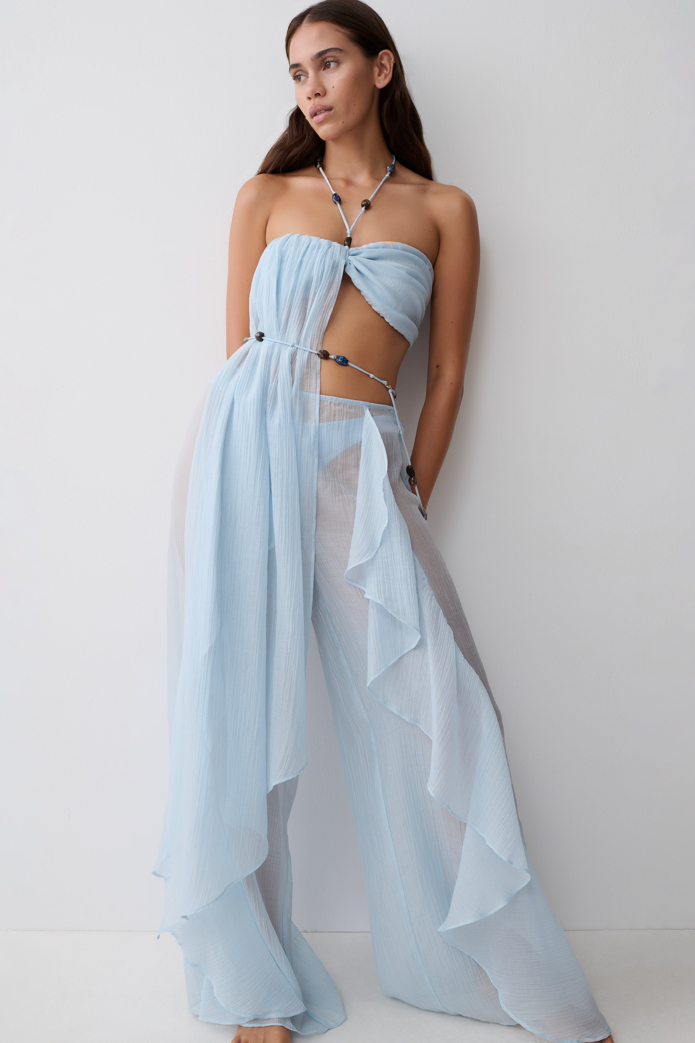 Kai Sheer Draped Ruffle Pant - Pale Blue