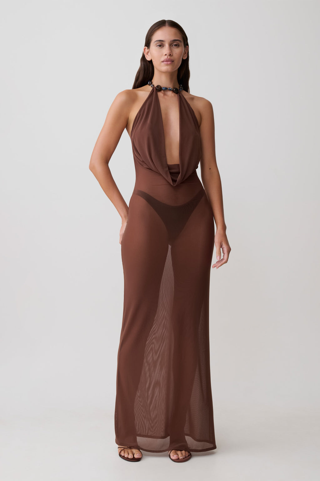 Ethal Mesh Cowl Neck Beaded Maxi Dress - Chocolate