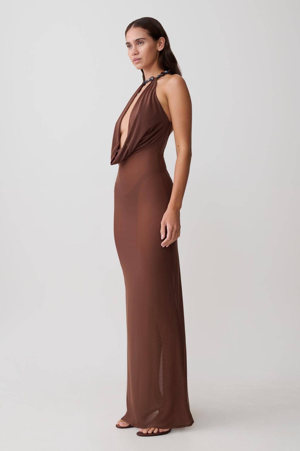 Ethal Mesh Cowl Neck Beaded Maxi Dress - Chocolate