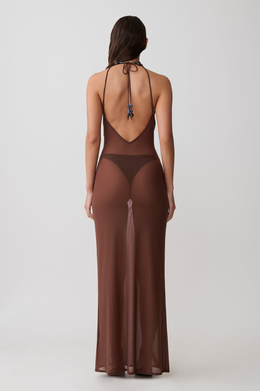Ethal Mesh Cowl Neck Beaded Maxi Dress - Chocolate