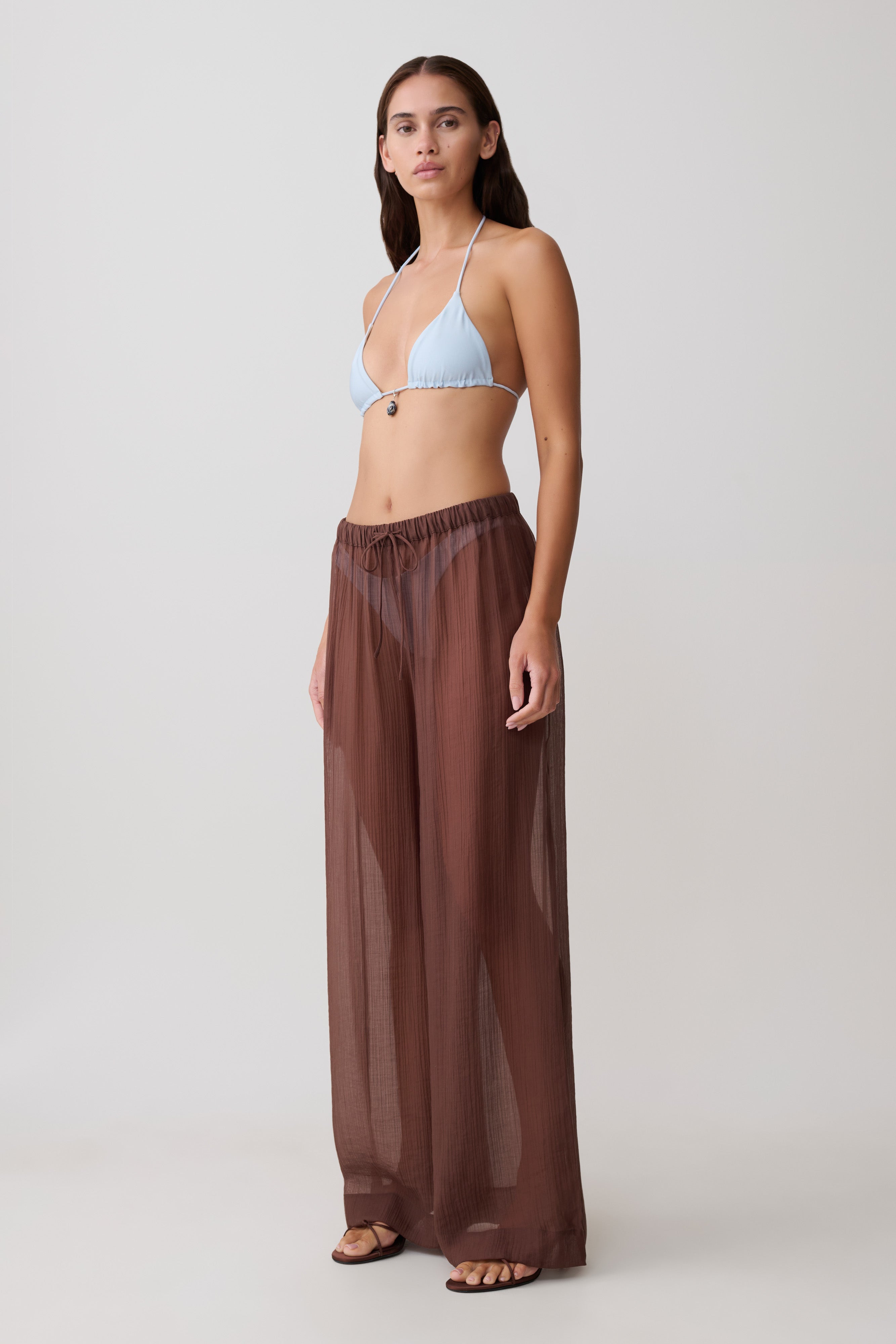 Leilani Sheer Drawstring Wide Leg Pants - Chocolate