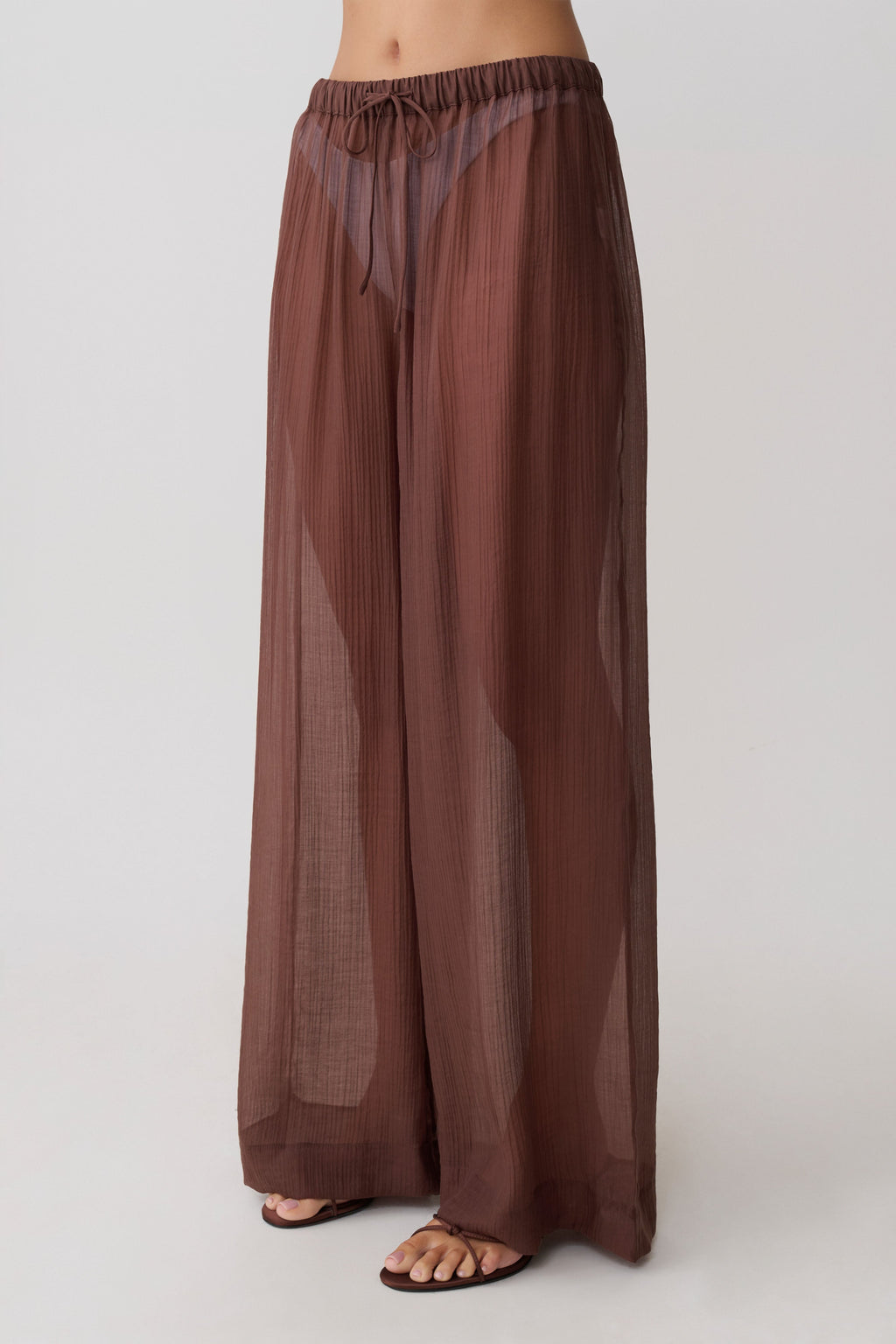 Leilani Sheer Drawstring Wide Leg Pants - Chocolate