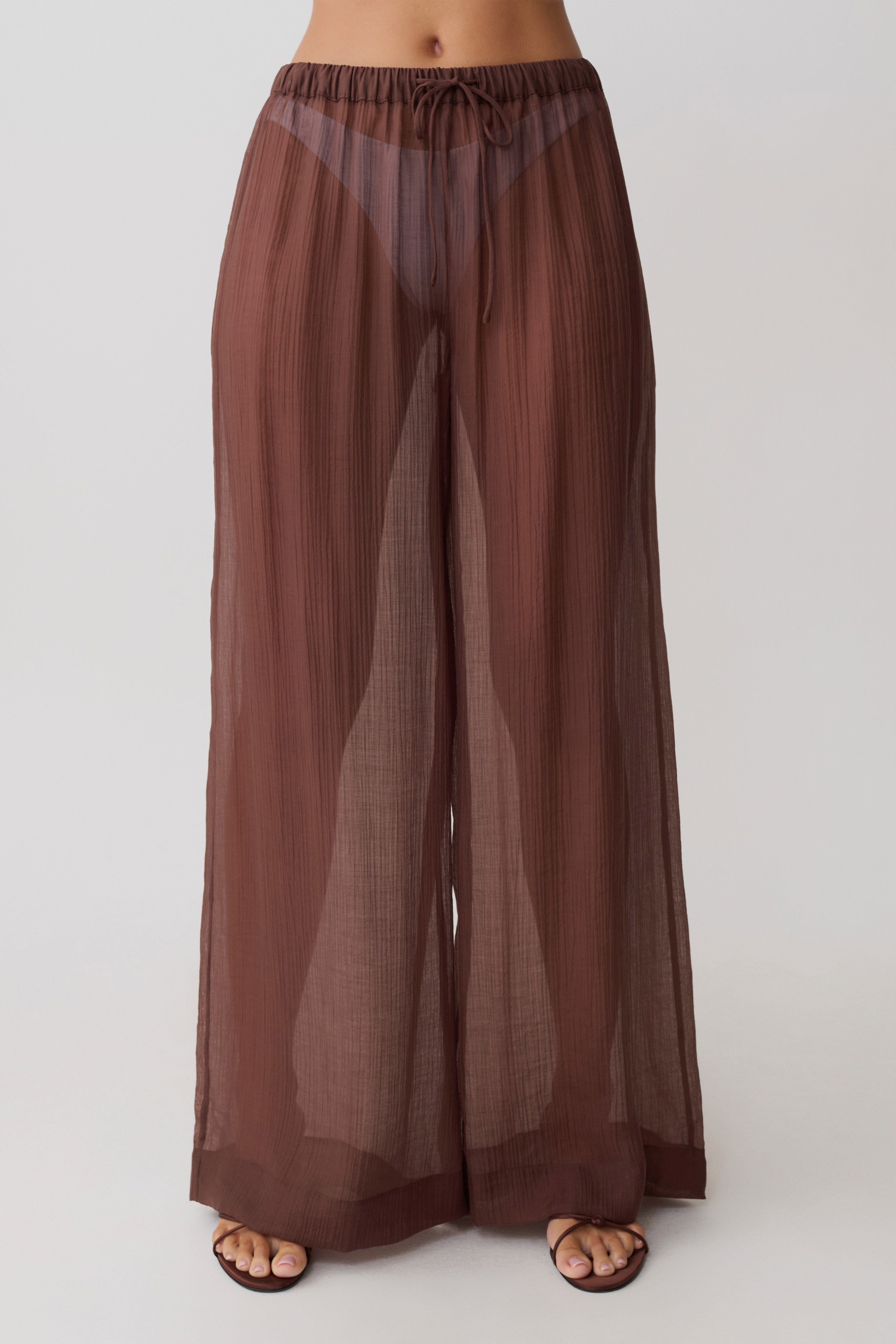Leilani Sheer Drawstring Wide Leg Pants - Chocolate