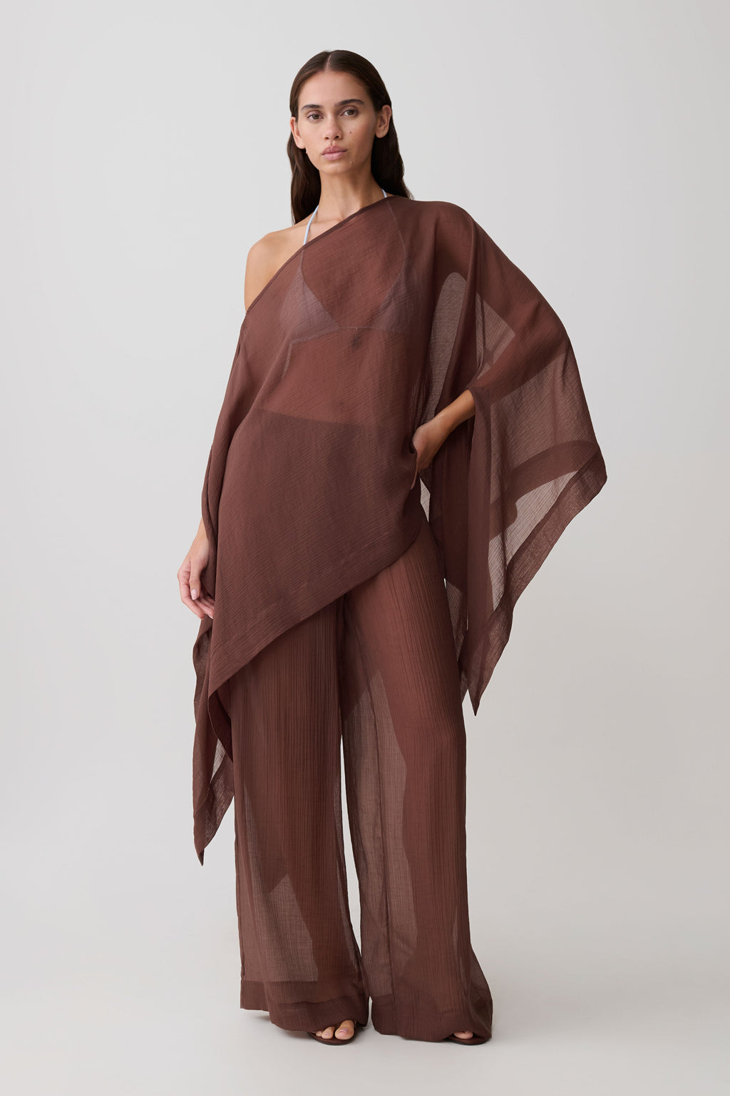 Leilani Sheer Draped Asymmetric Top - Chocolate
