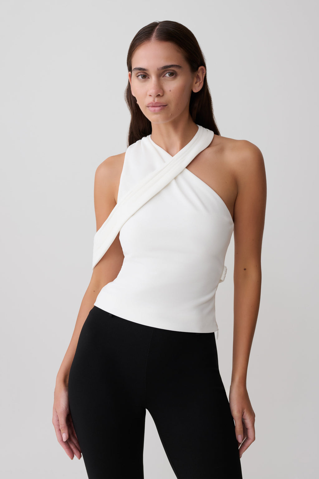 Sable Crossover Crepe Halter Top - White