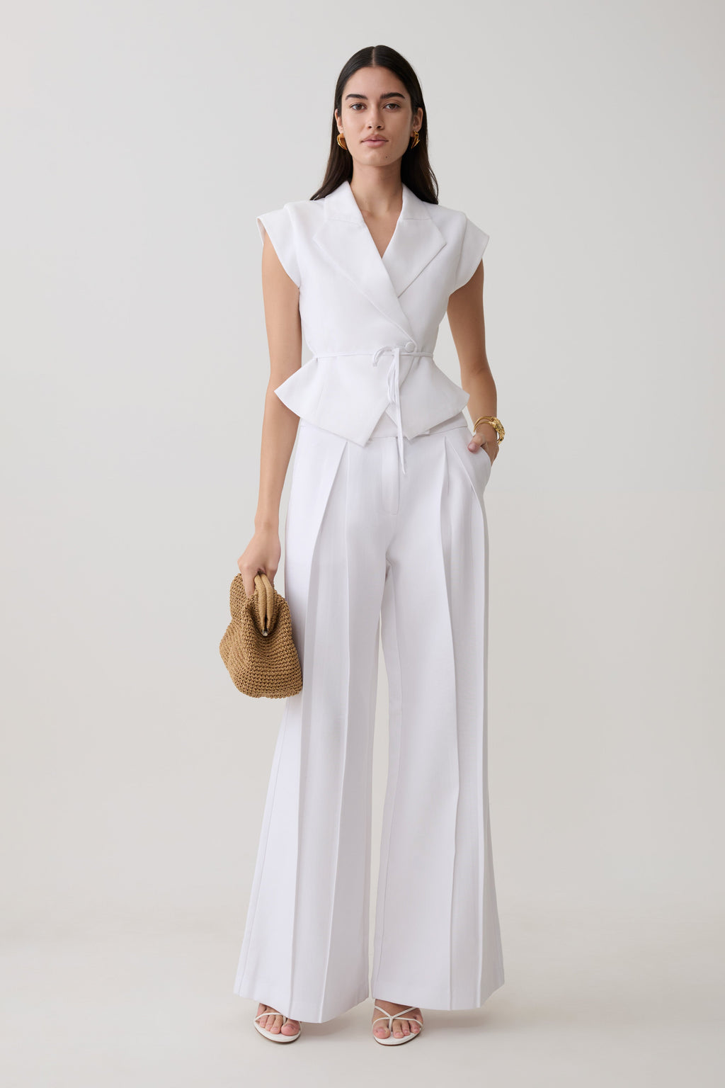 Raya Mid Rise Wide Leg Linen Pant - White
