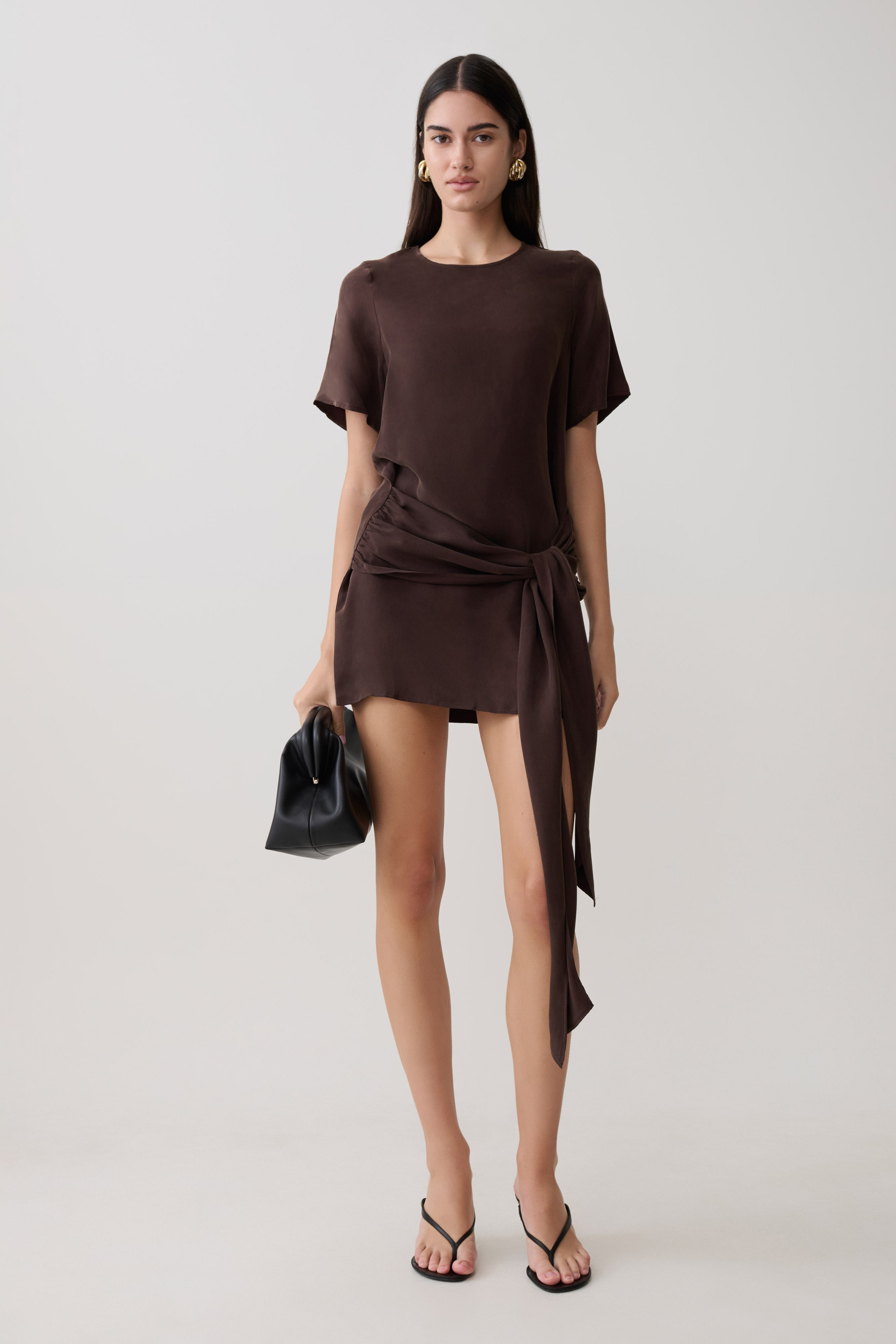 Felicity Short Sleeve Dress With Waist Tie - Dark Chocolate