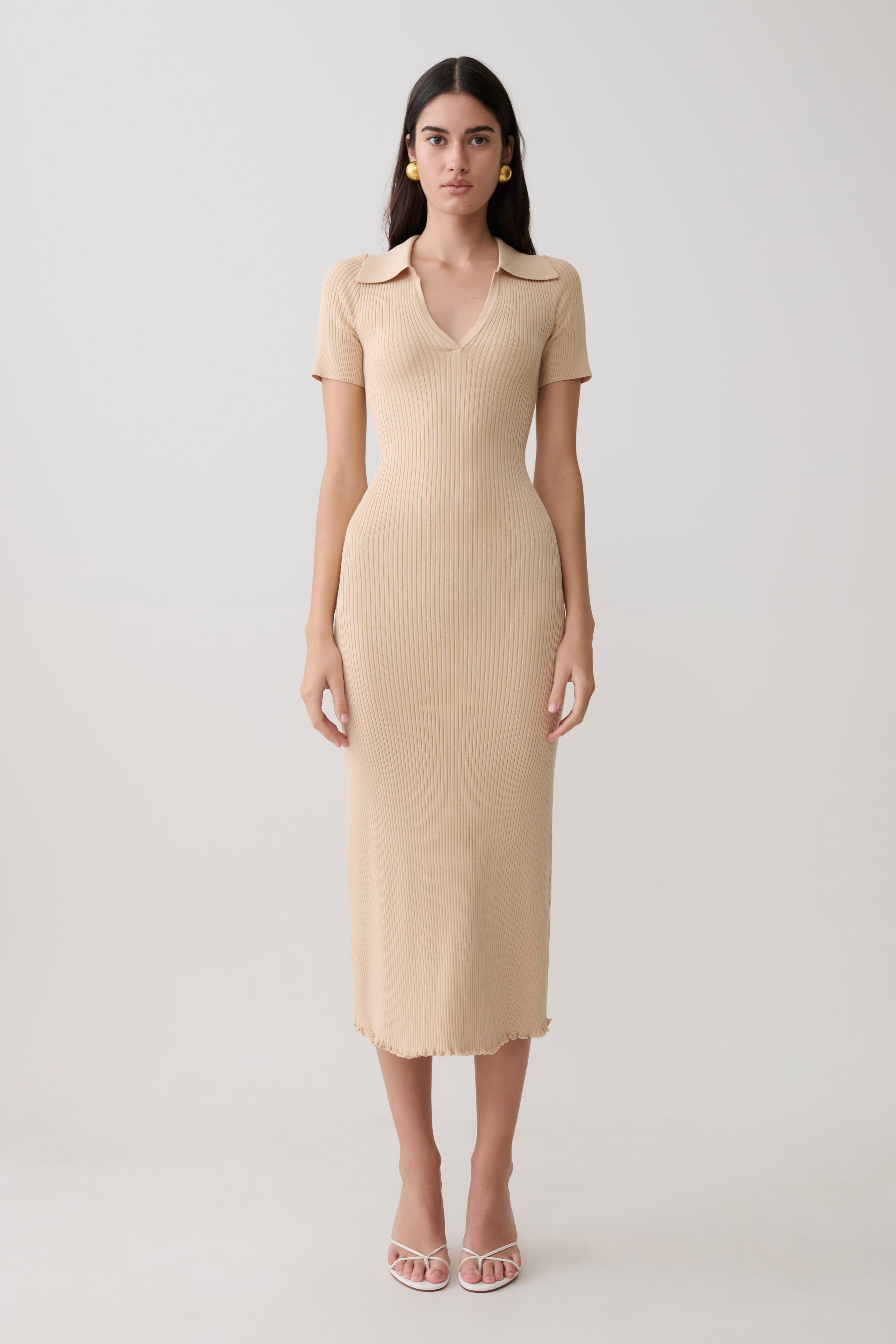 Nichelle Short Sleeve Collared Knit Midi Dress - Natural