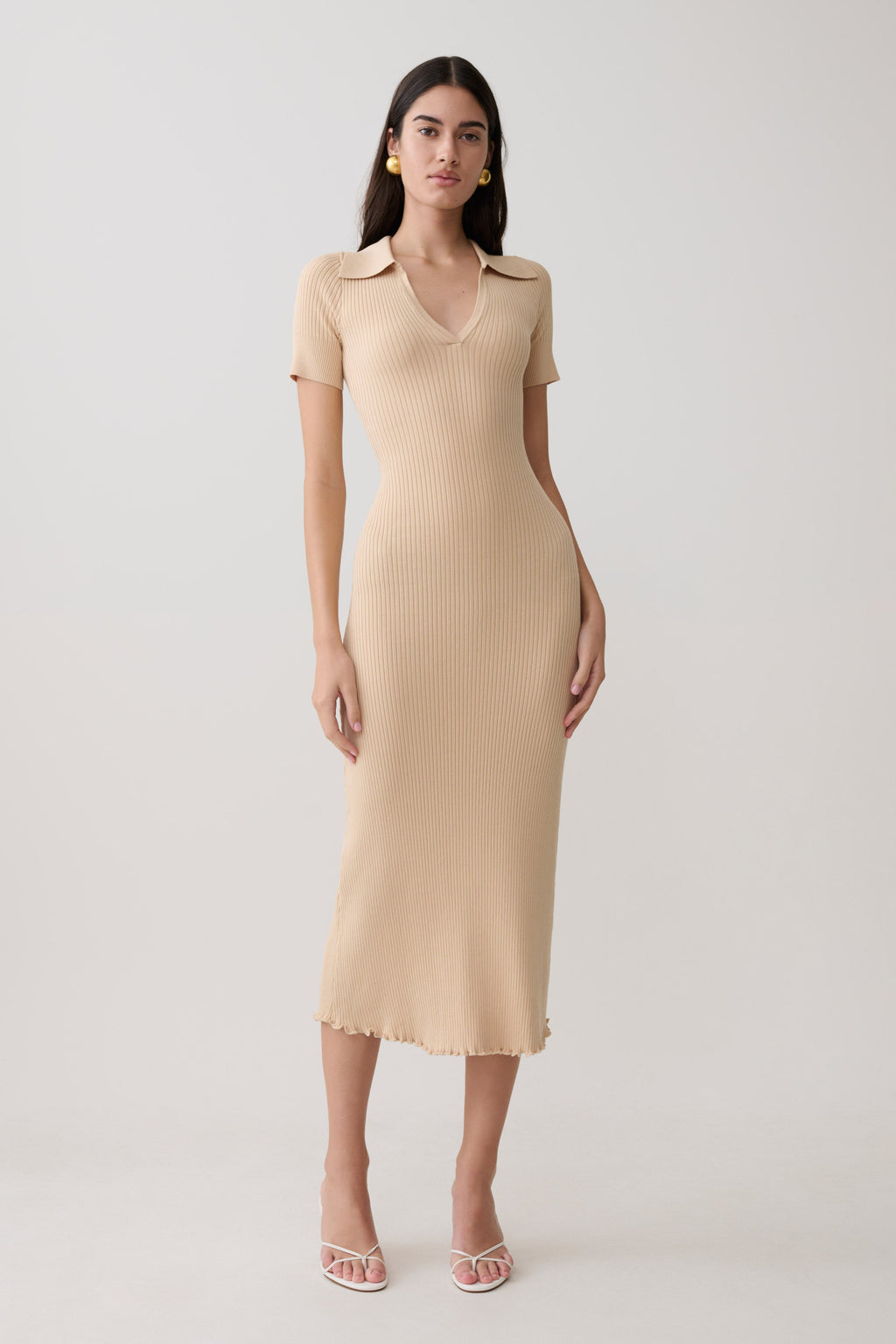 Nichelle Short Sleeve Collared Knit Midi Dress - Natural