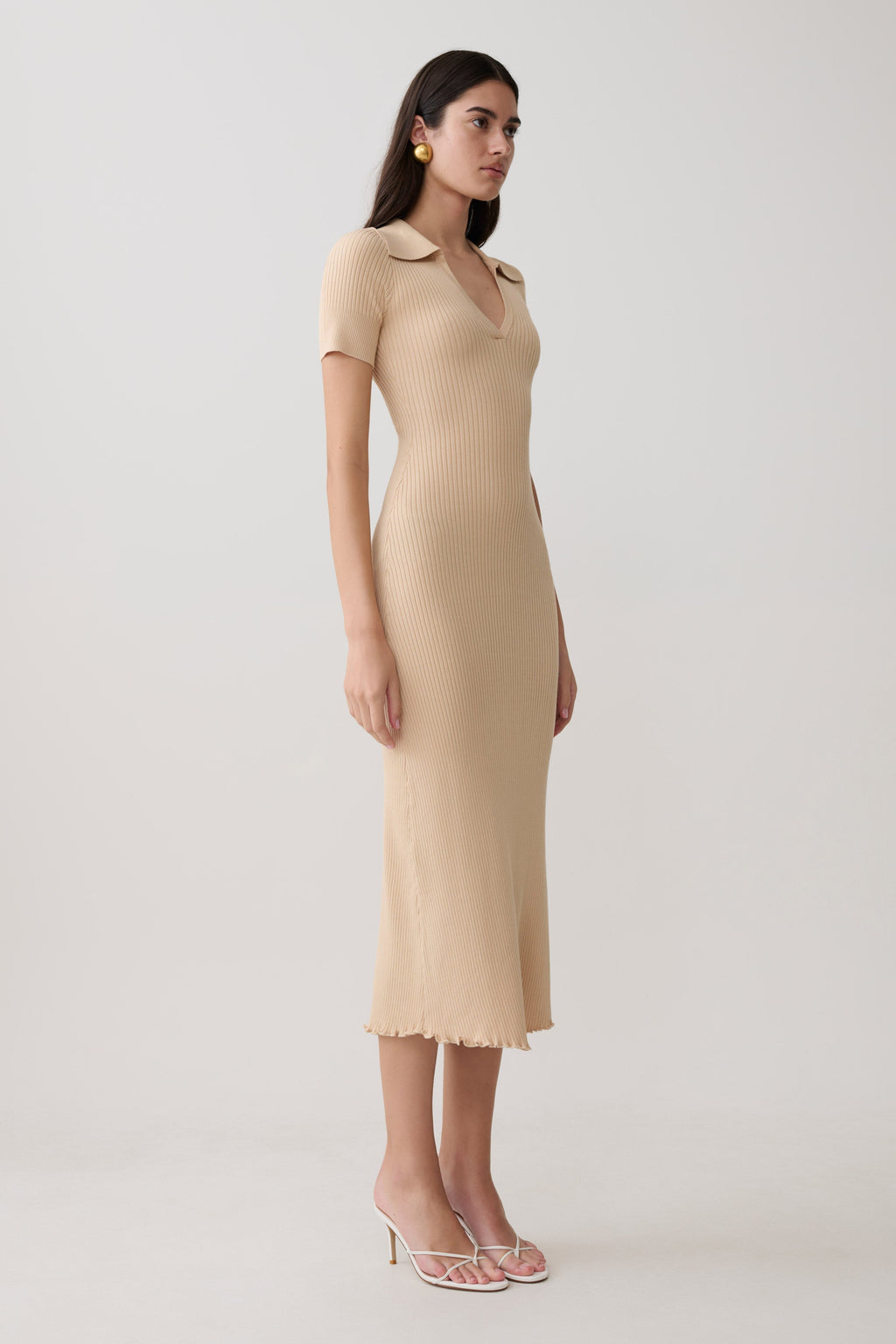 Nichelle Short Sleeve Collared Knit Midi Dress - Natural