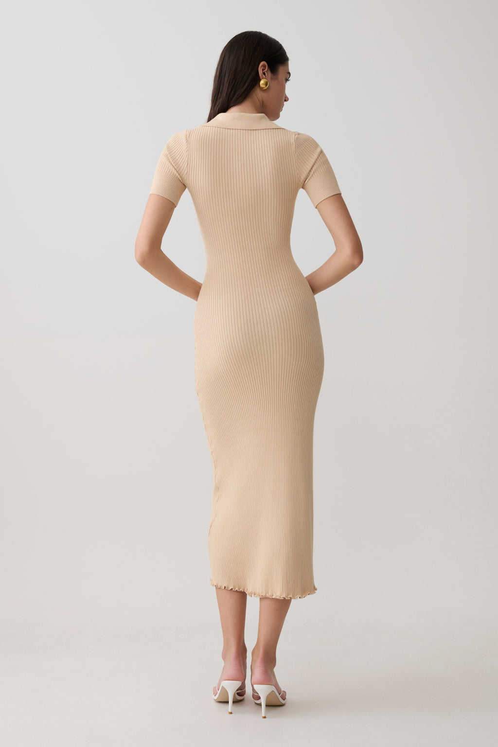 Nichelle Short Sleeve Collared Knit Midi Dress - Natural