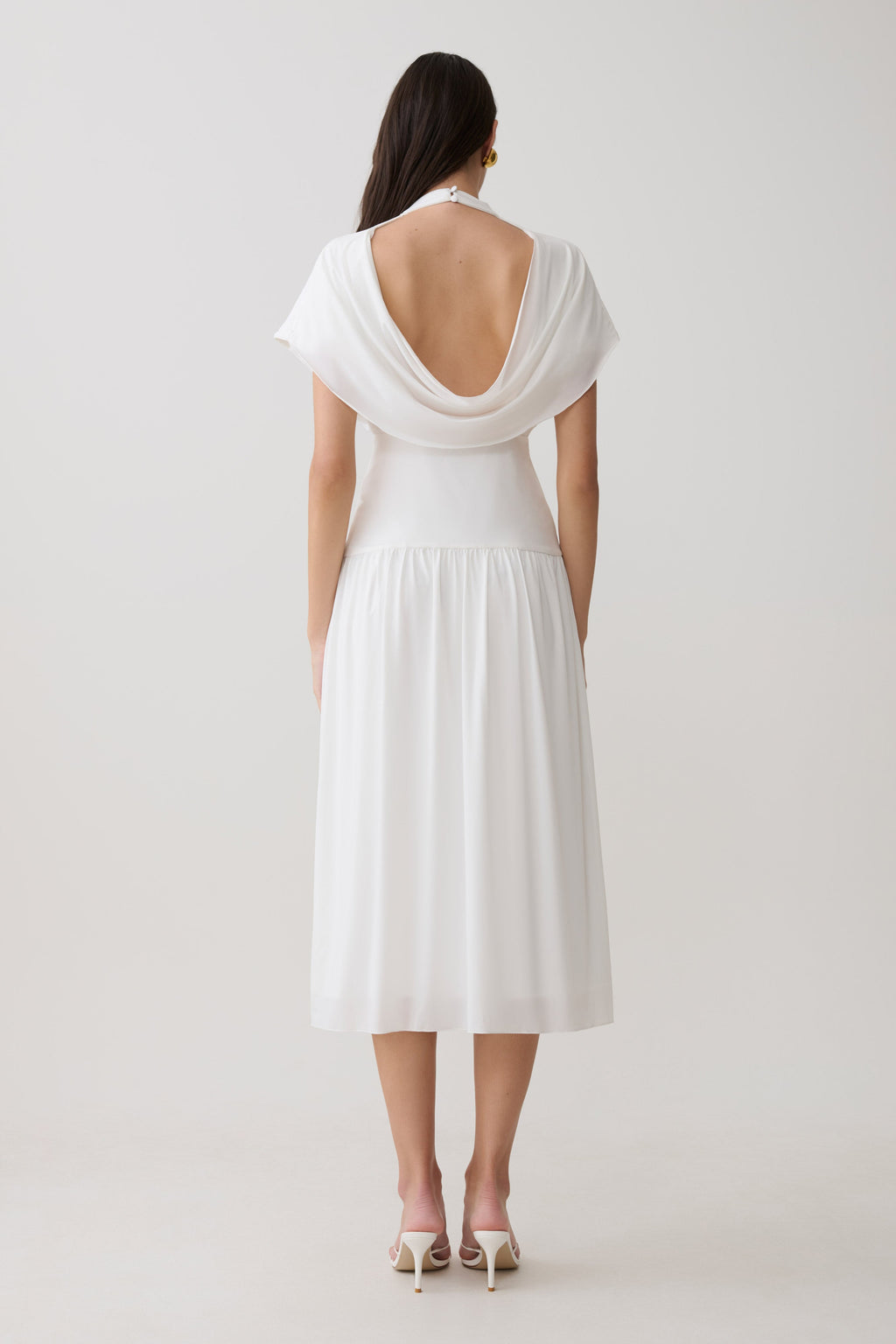 Ailla High Neck Cowl Midi Dress - White