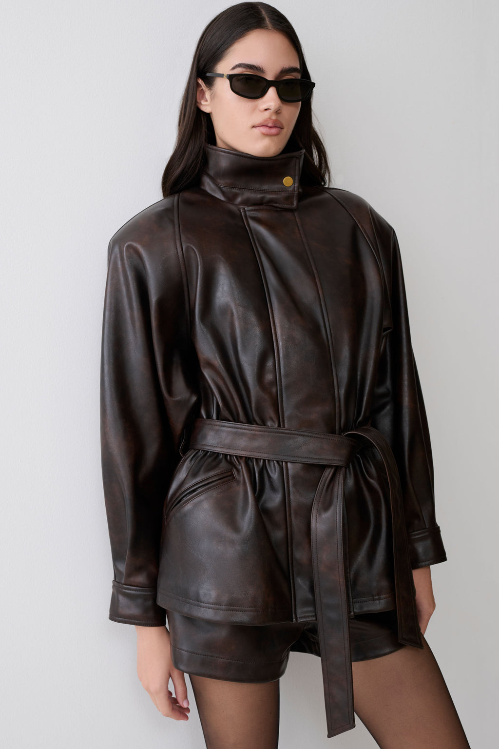 Adaline Faux Leather Cinch Waist Jacket - Dark Chocolate