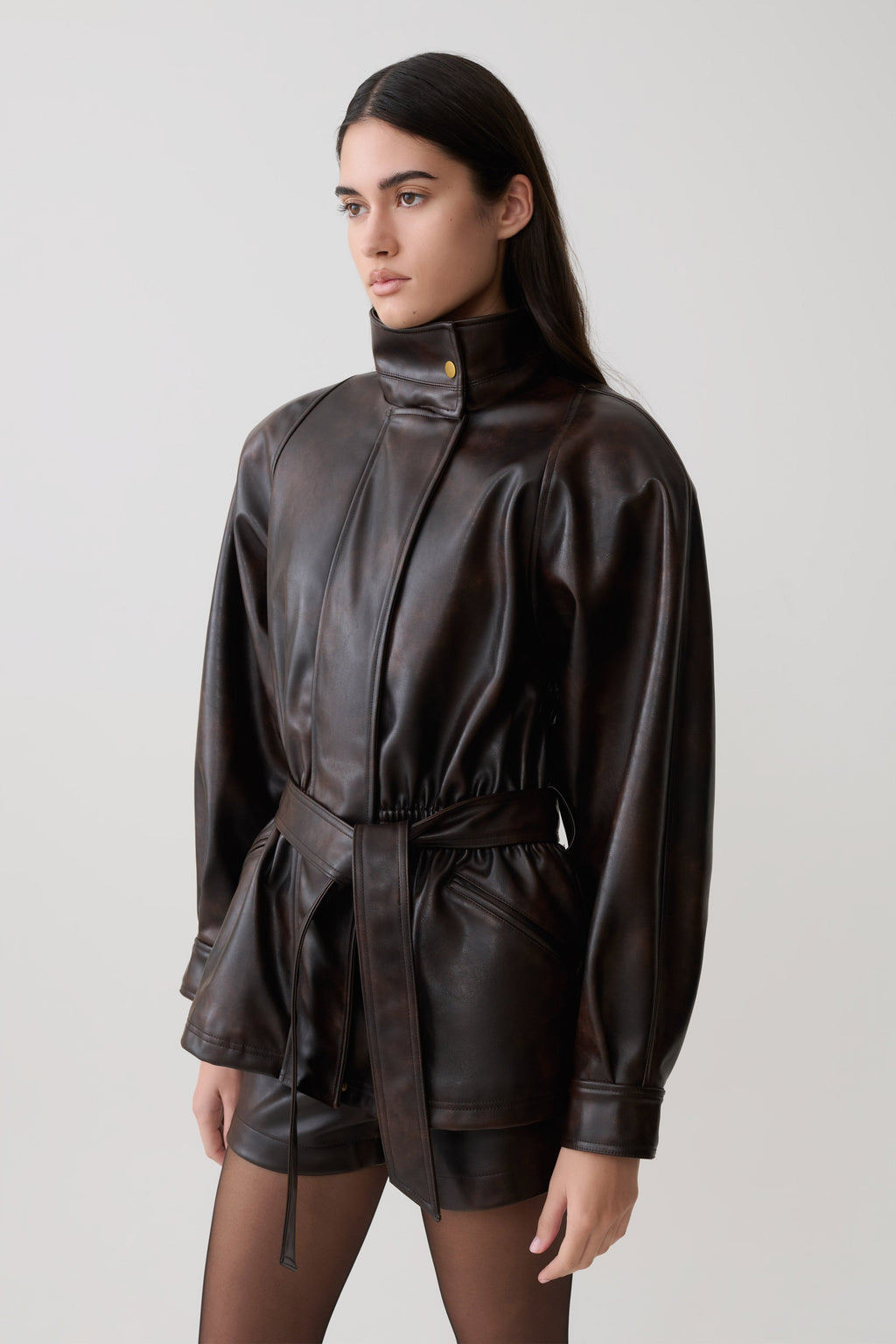 Adaline Faux Leather Cinch Waist Jacket - Dark Chocolate