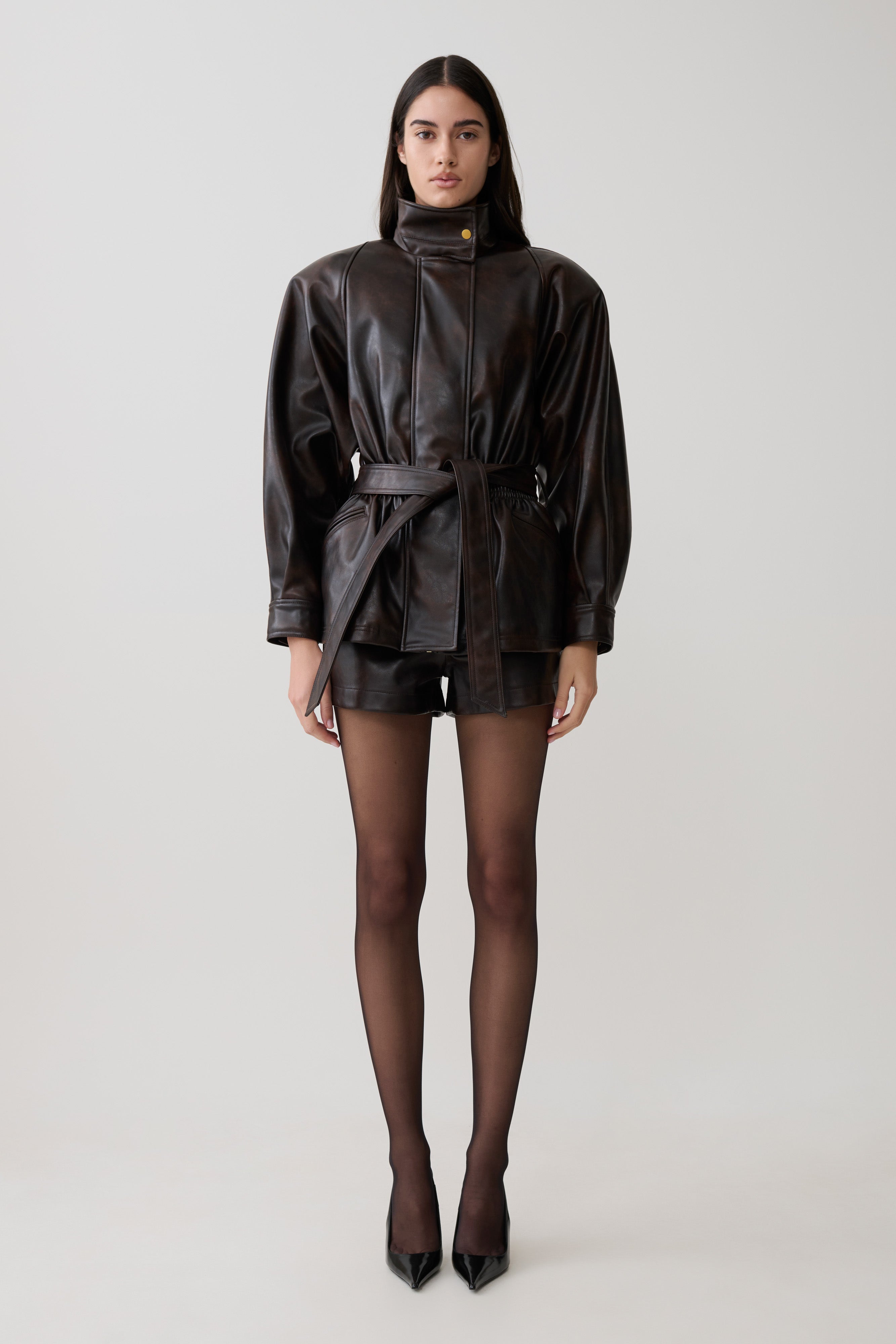 Adaline Faux Leather Cinch Waist Jacket - Dark Chocolate