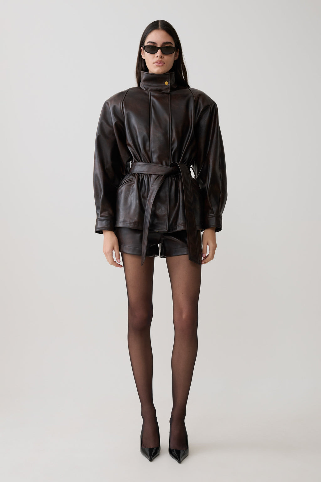 Adaline Faux Leather Cinch Waist Jacket - Dark Chocolate