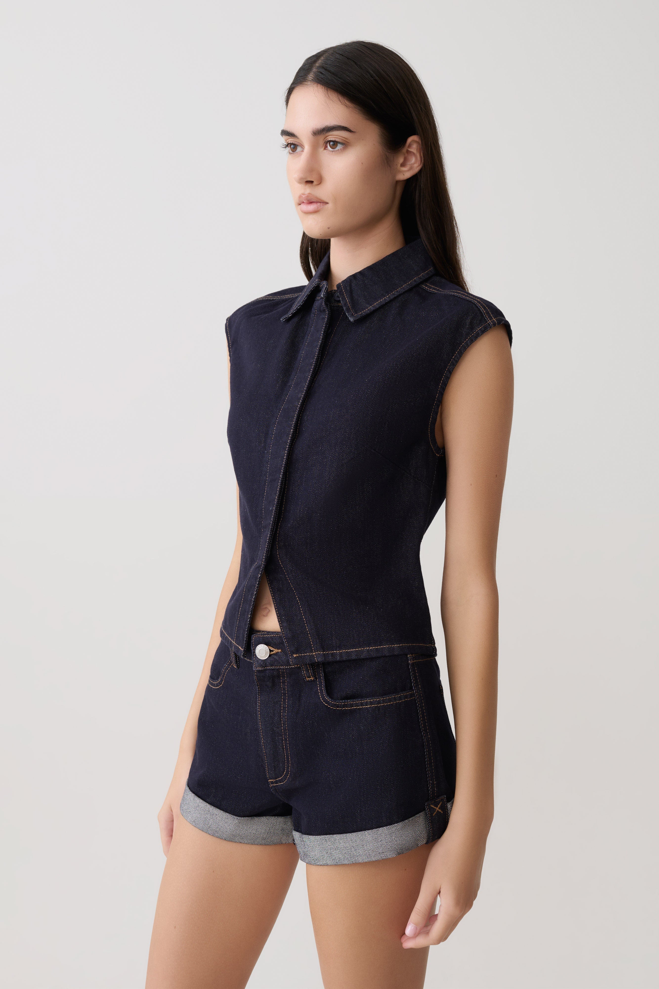 Jeremy Collared Denim Longline Top - Washed Indigo Blue