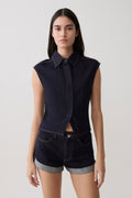 Jeremy Collared Denim Longline Top - Washed Indigo Blue