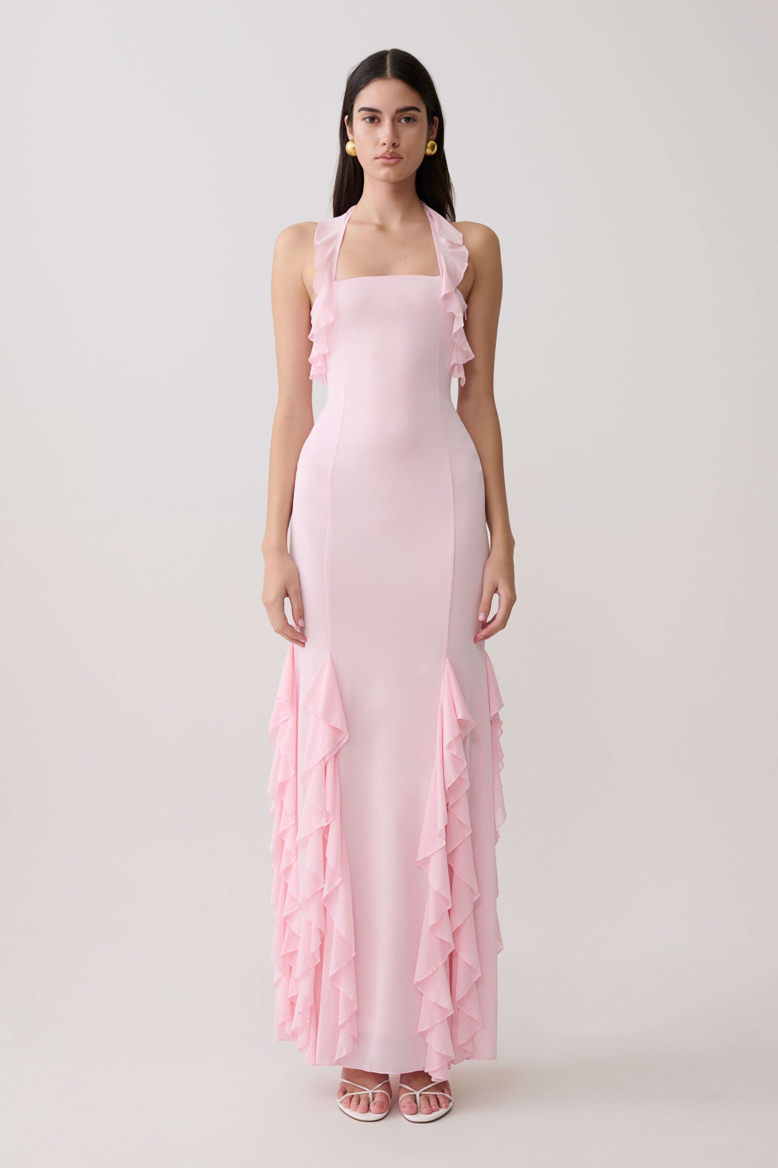 Etta Ruffle Slinky Maxi Dress - Pale Pink