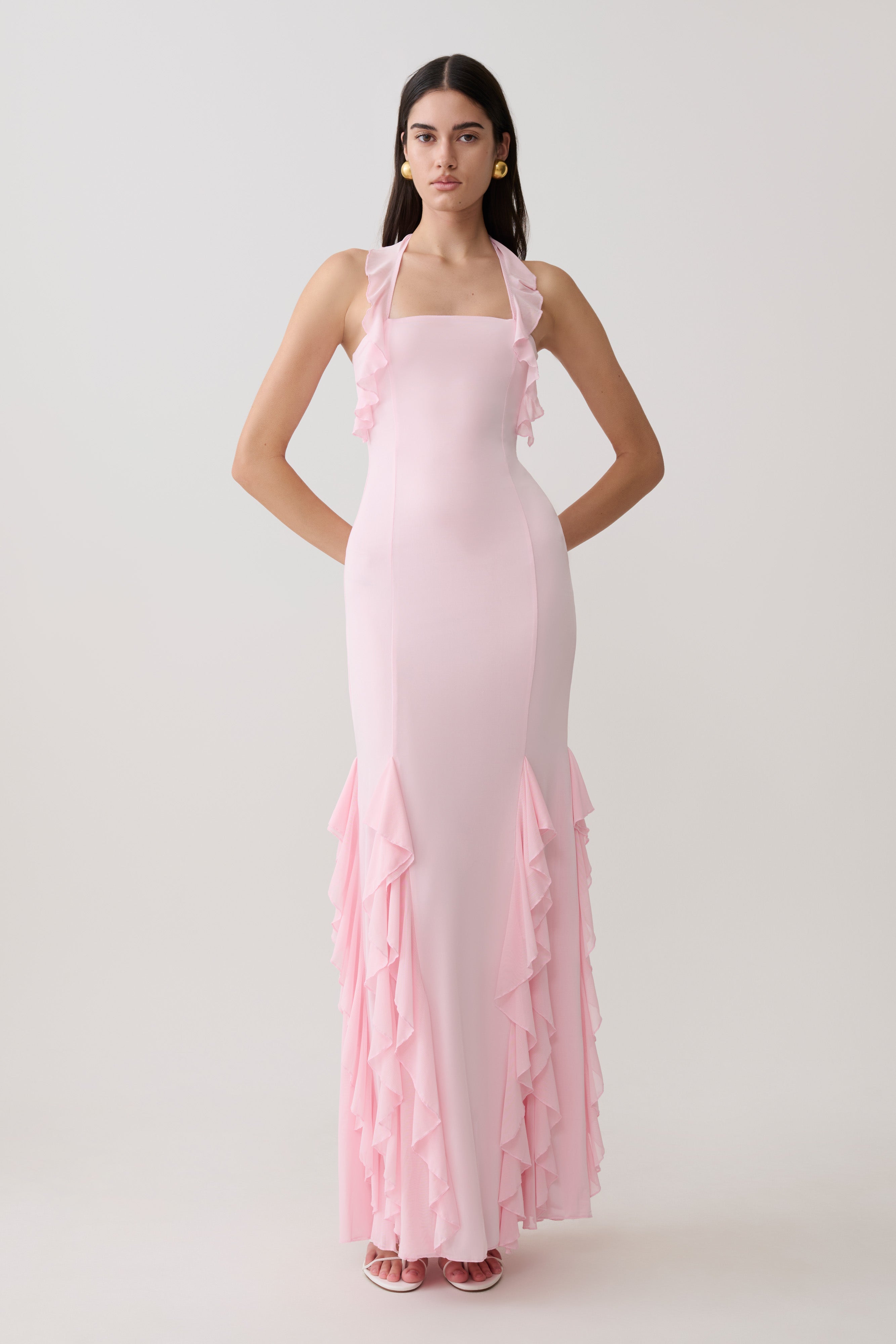 Etta Ruffle Slinky Maxi Dress - Pale Pink