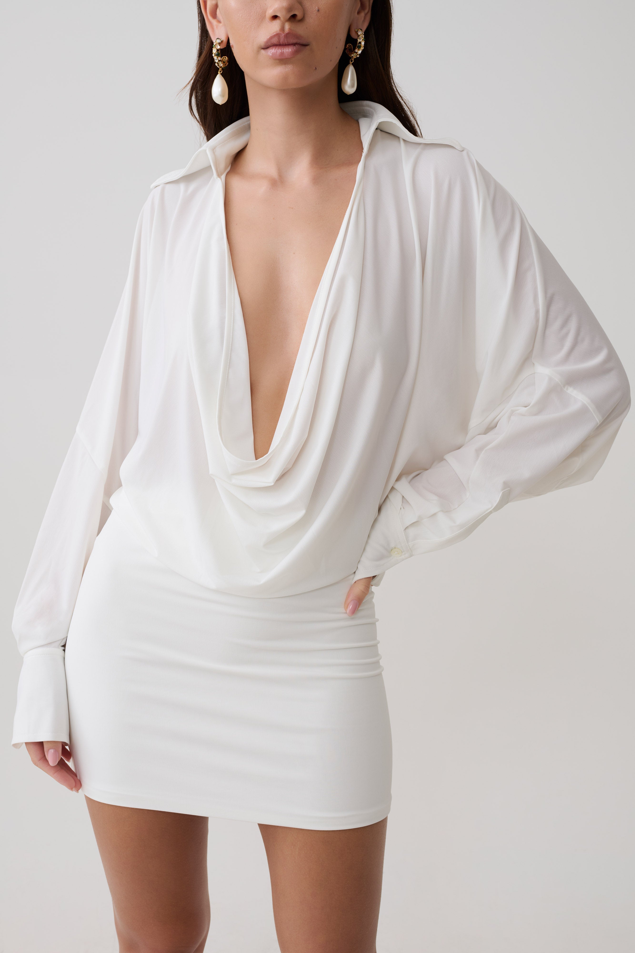 Soleia Cowl Drape Shirt Dress - White