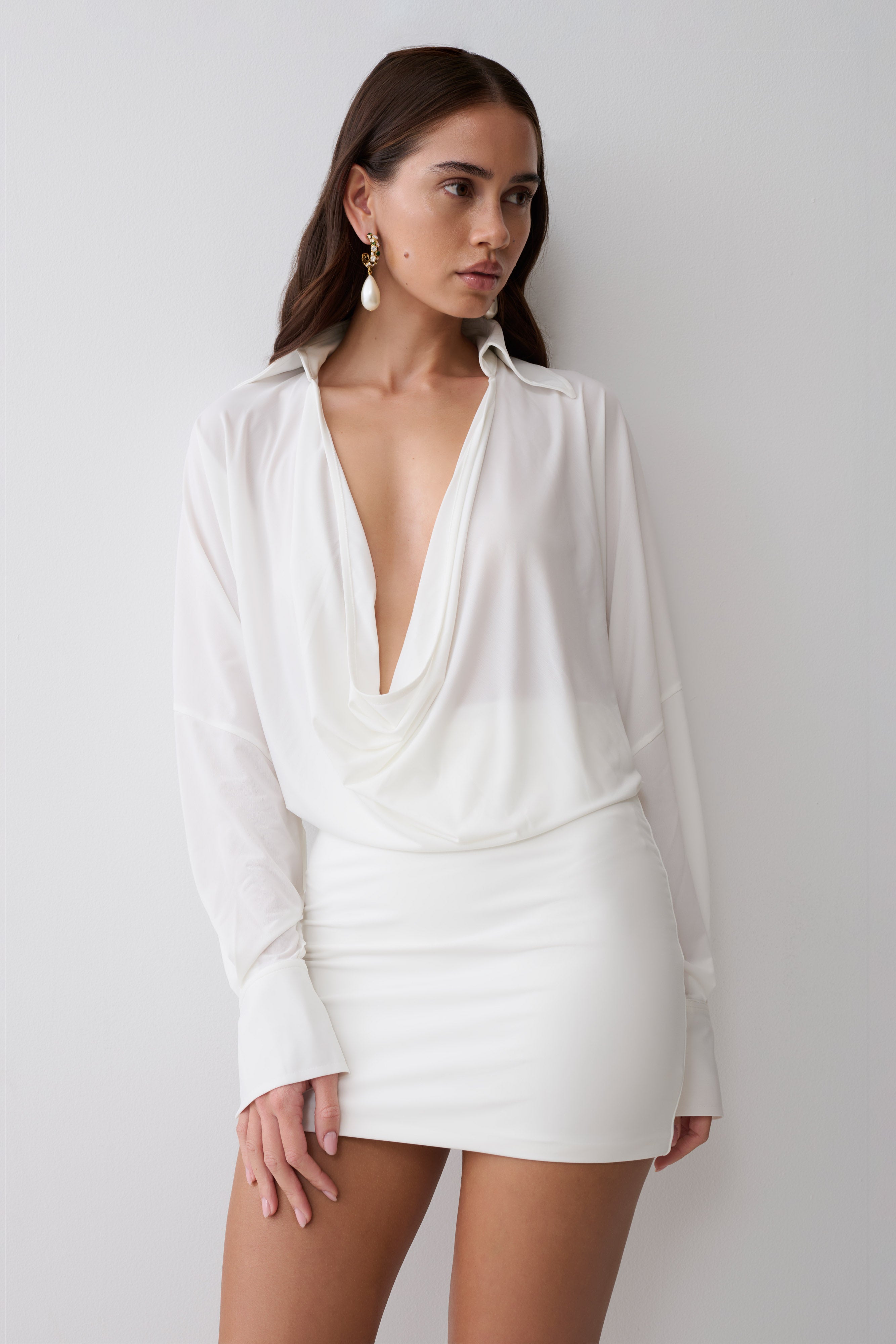 Soleia Cowl Drape Shirt Dress - White