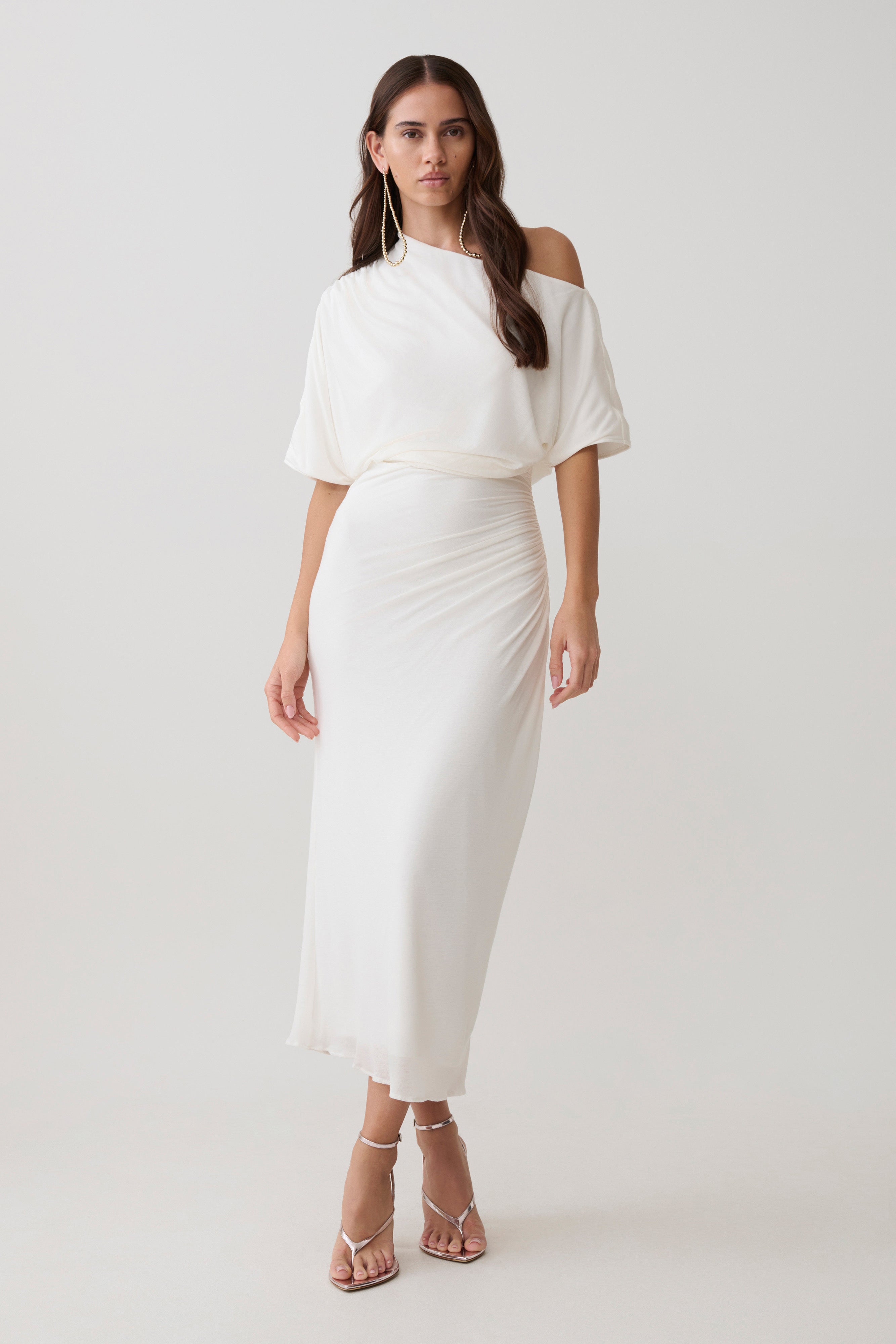 Alva Wool Lyocell Draped Midi Dress - White