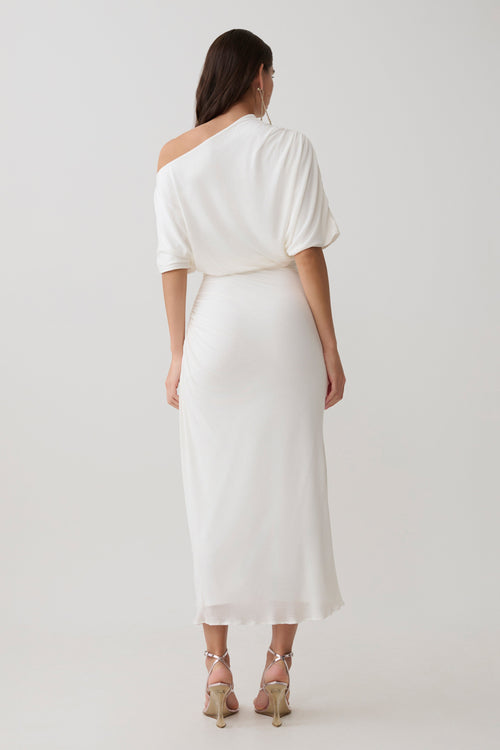 Alva Wool Lyocell Draped Midi Dress - White