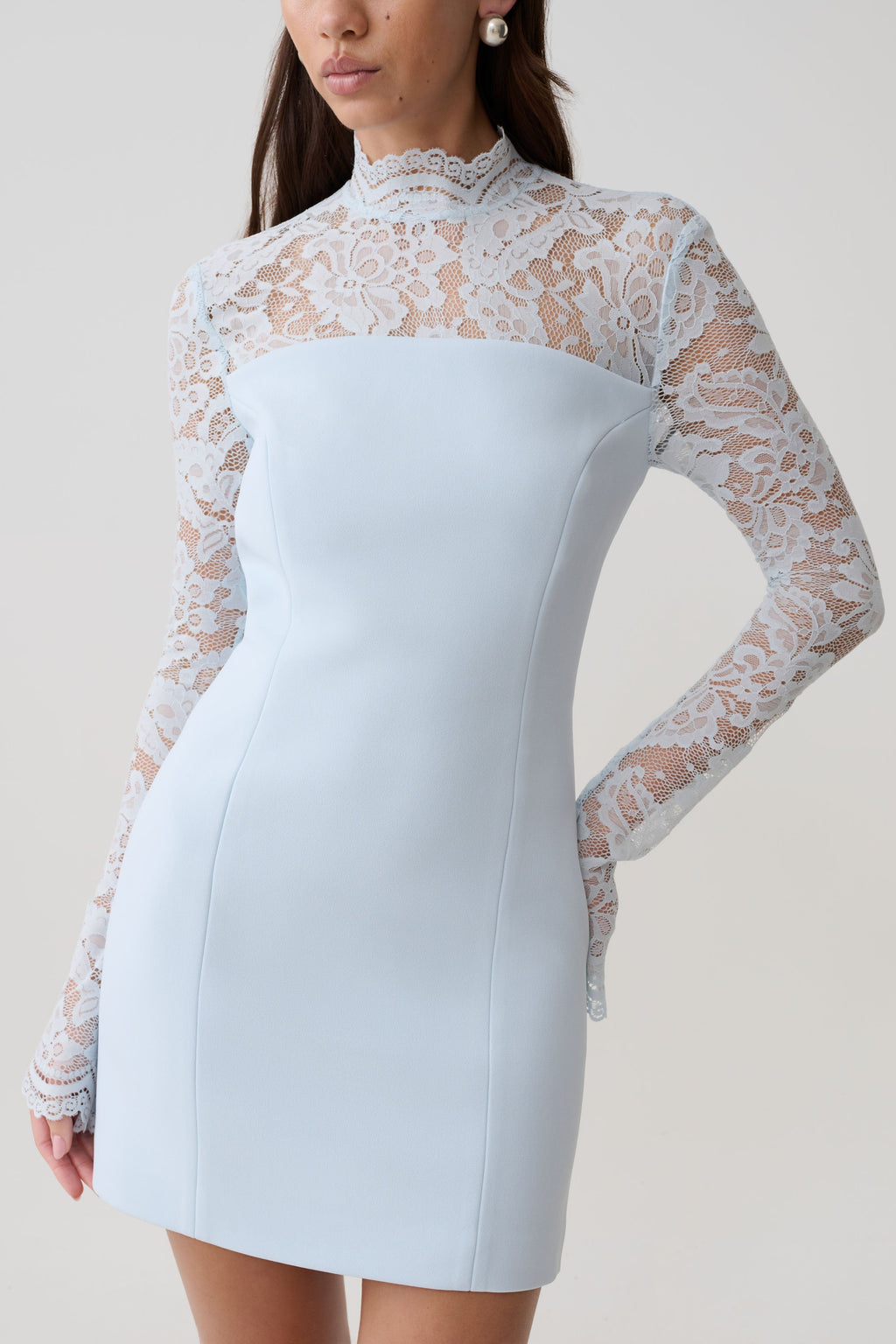 Aurelie Long Sleeve Lace Mini Dress - Sky Blue