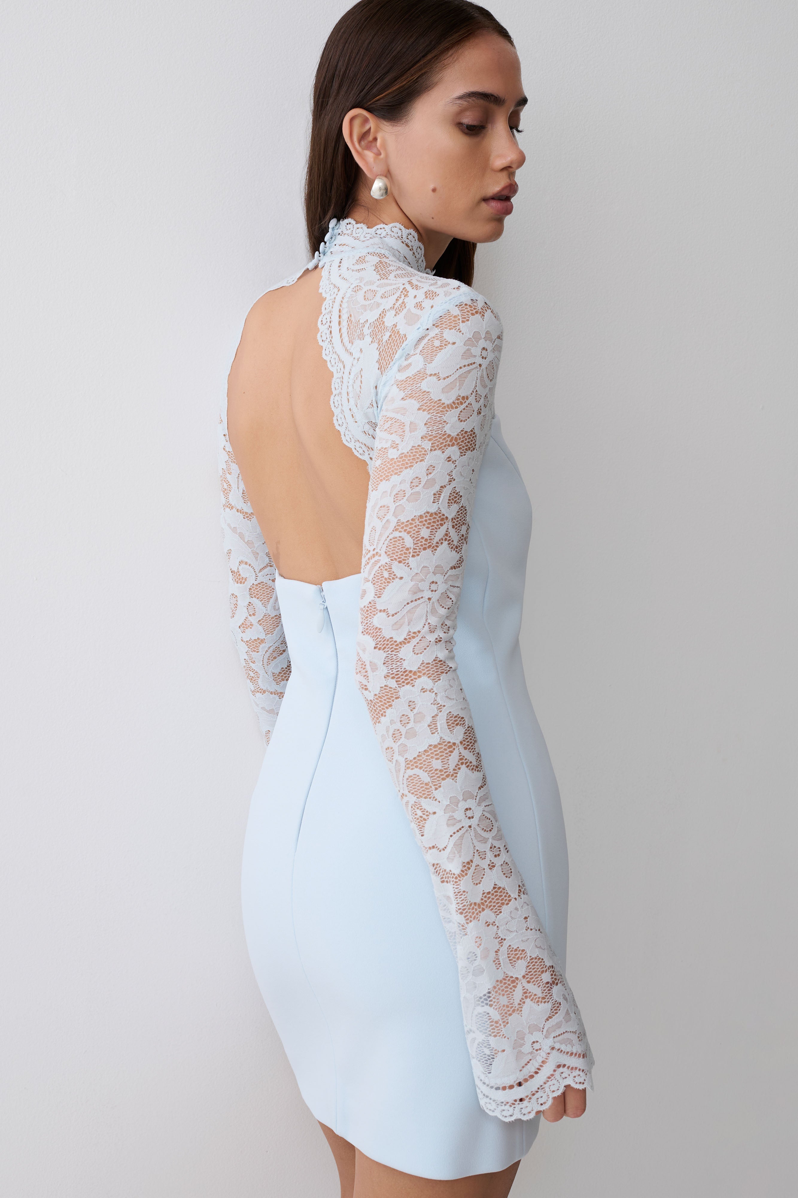 Aurelie Long Sleeve Lace Mini Dress - Sky Blue