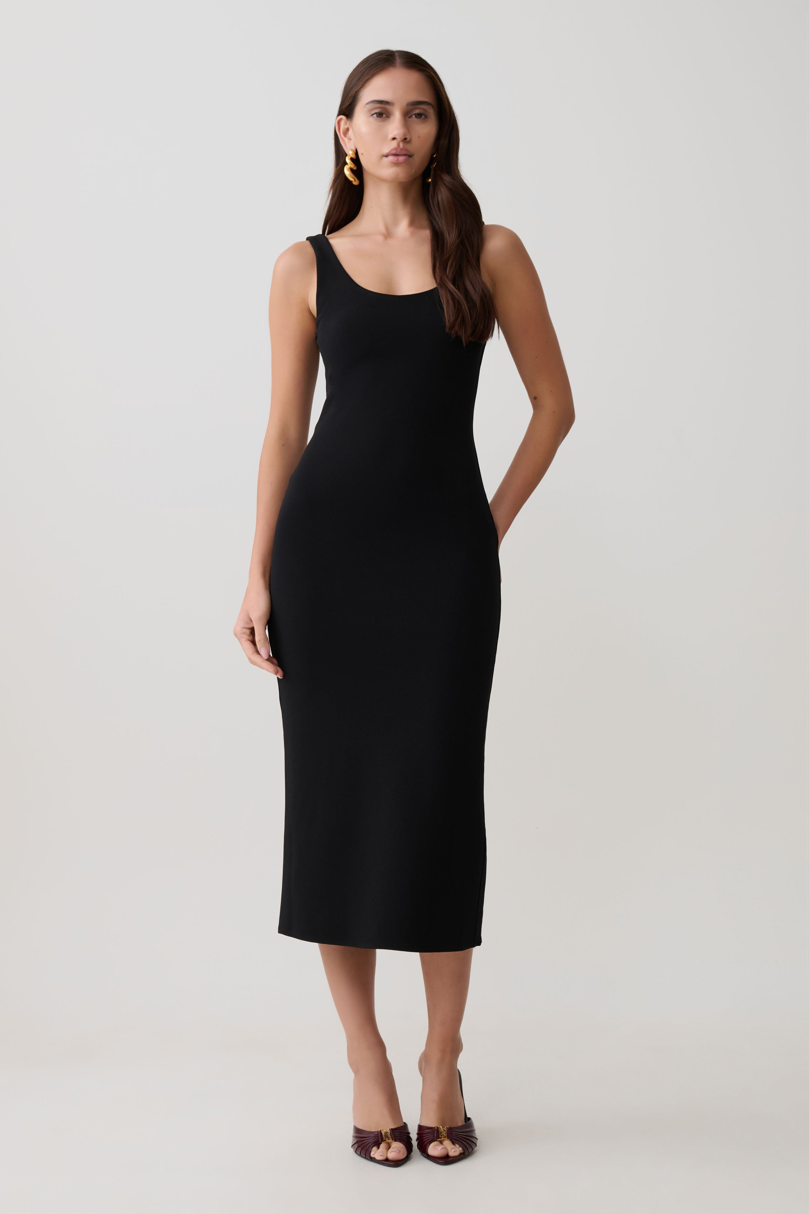 Allyra Scoop Stretch Crepe Midi Dress - Black