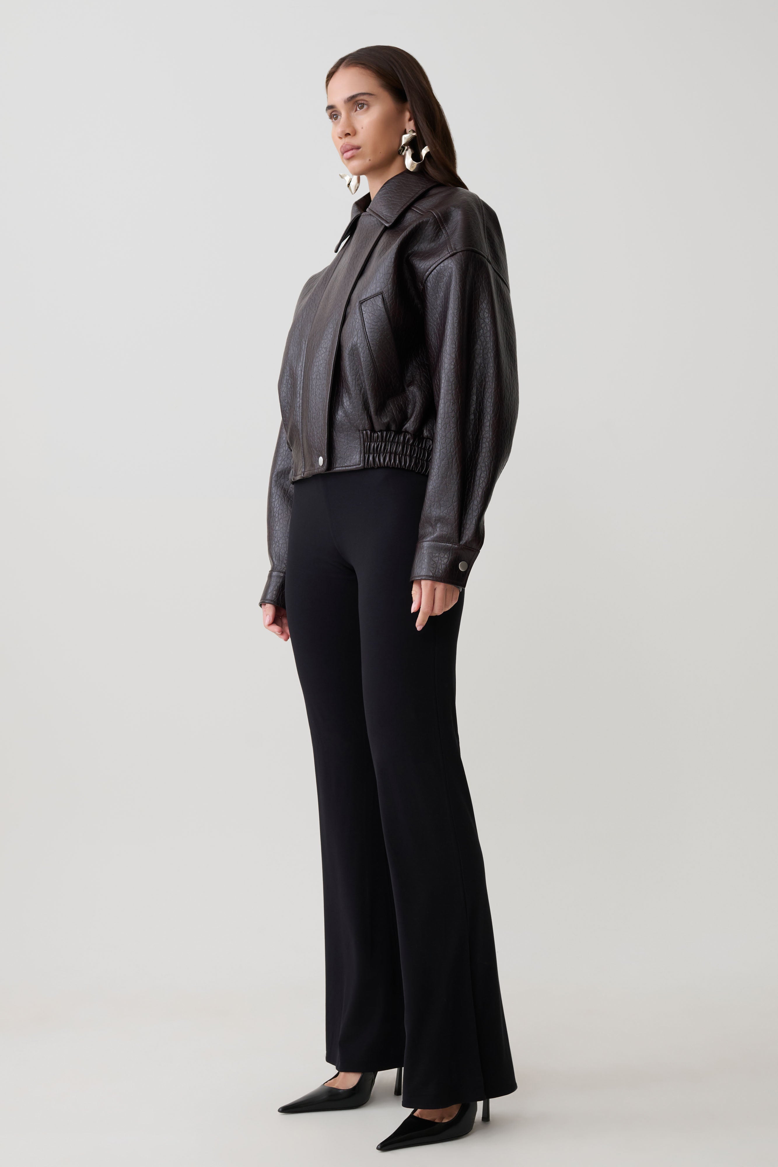 Paige Faux Leather Cropped Jacket - Cherry Brown