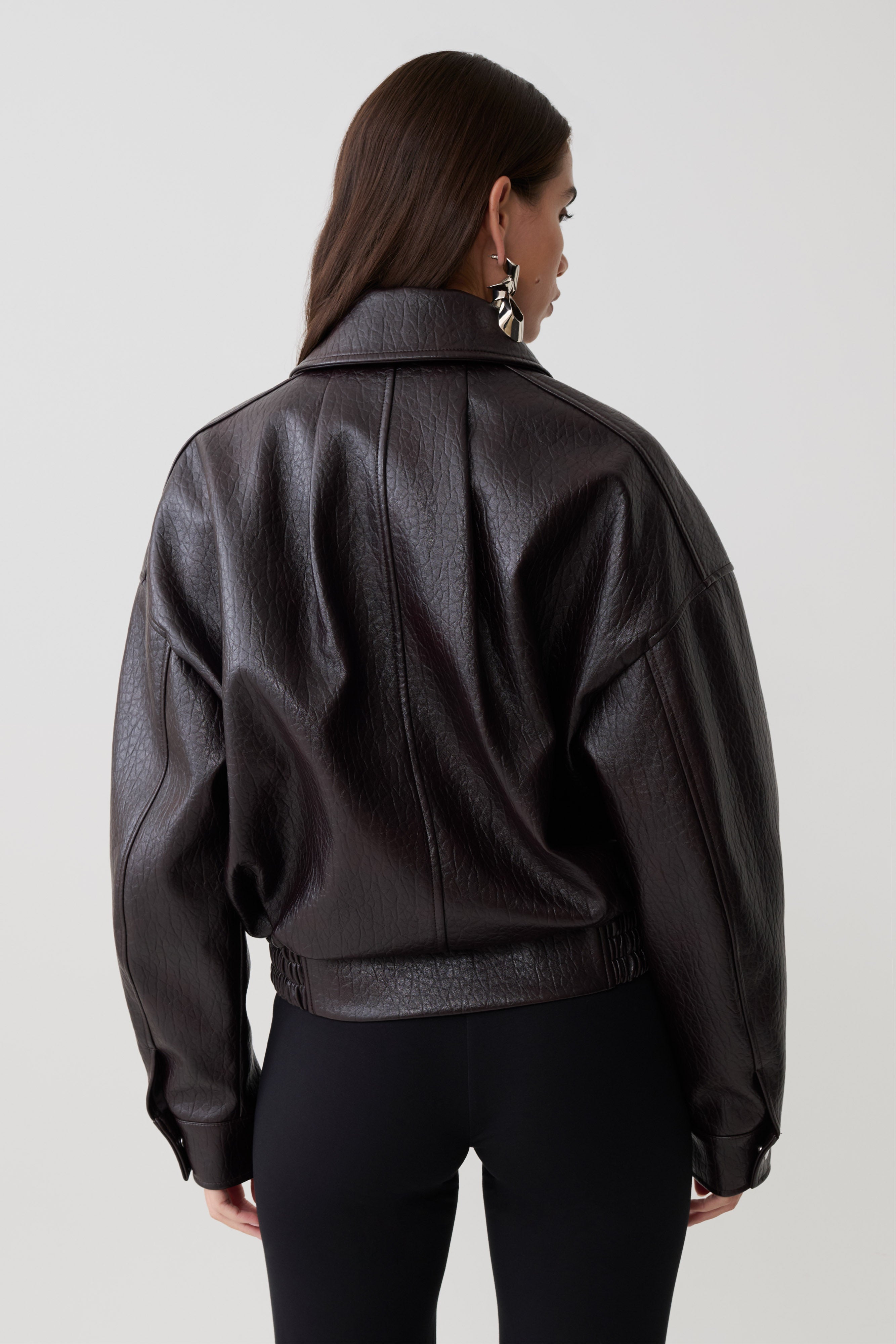 Paige Faux Leather Cropped Jacket - Cherry Brown