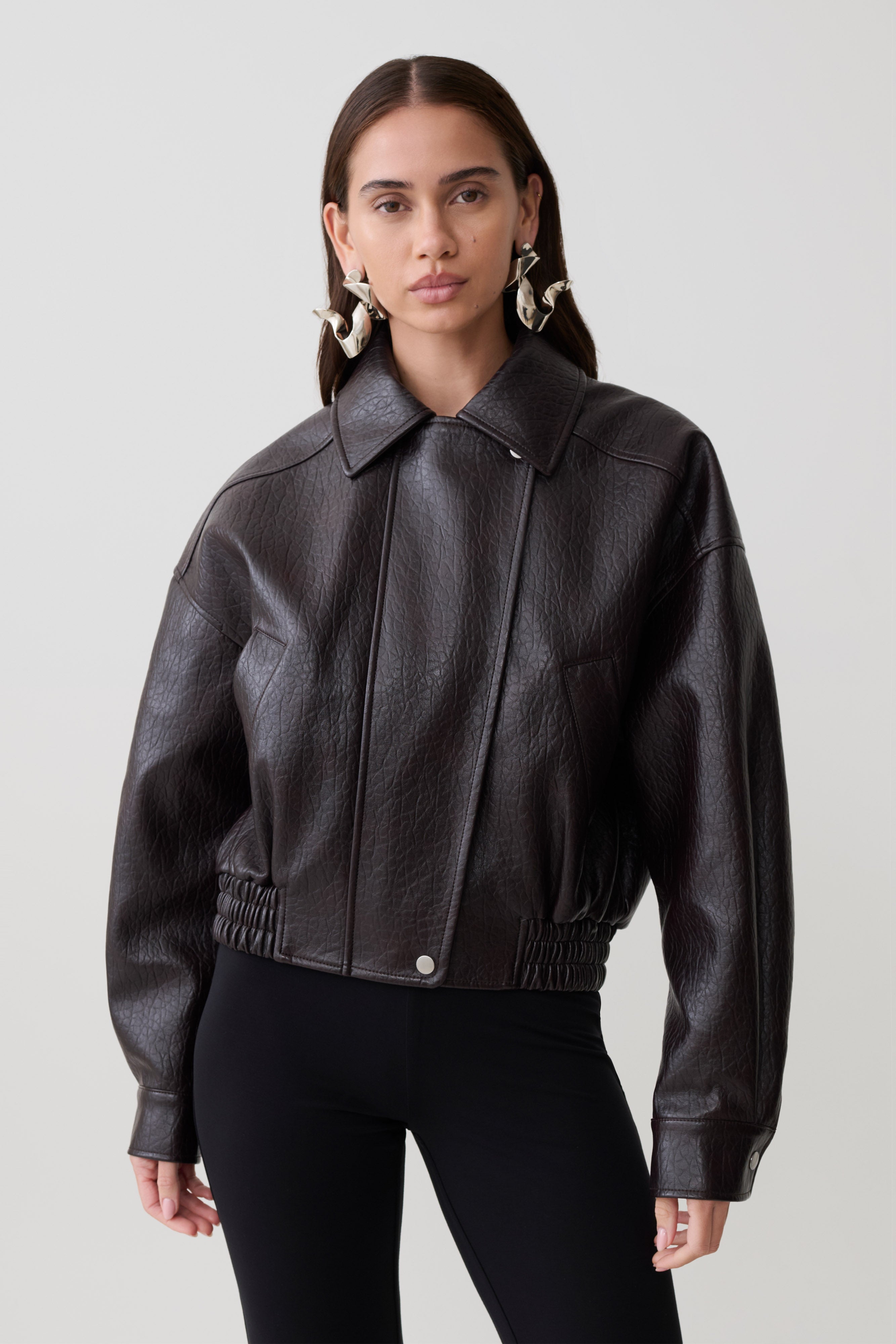 Paige Faux Leather Cropped Jacket - Cherry Brown