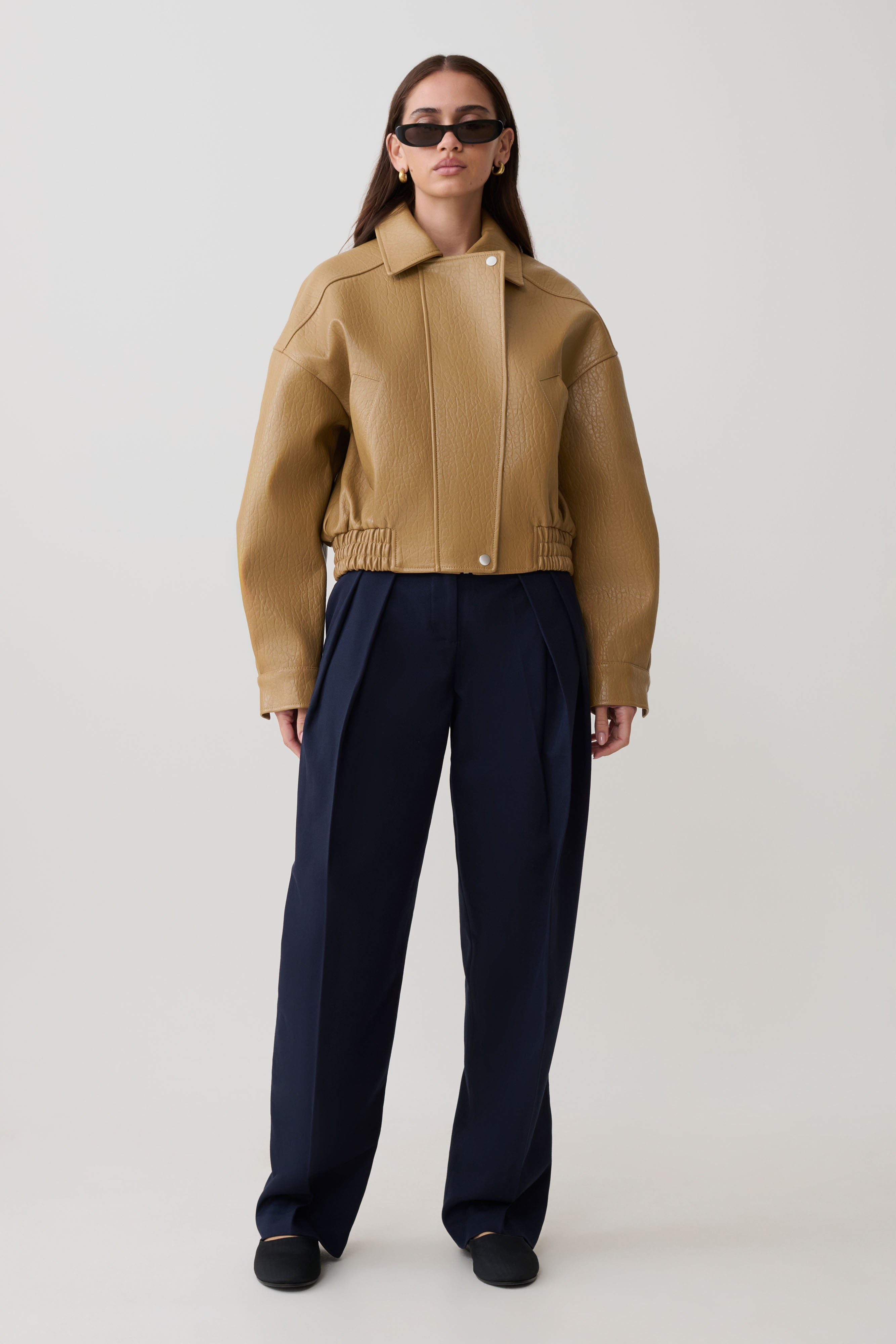 Paige Faux Leather Cropped Jacket - Beige