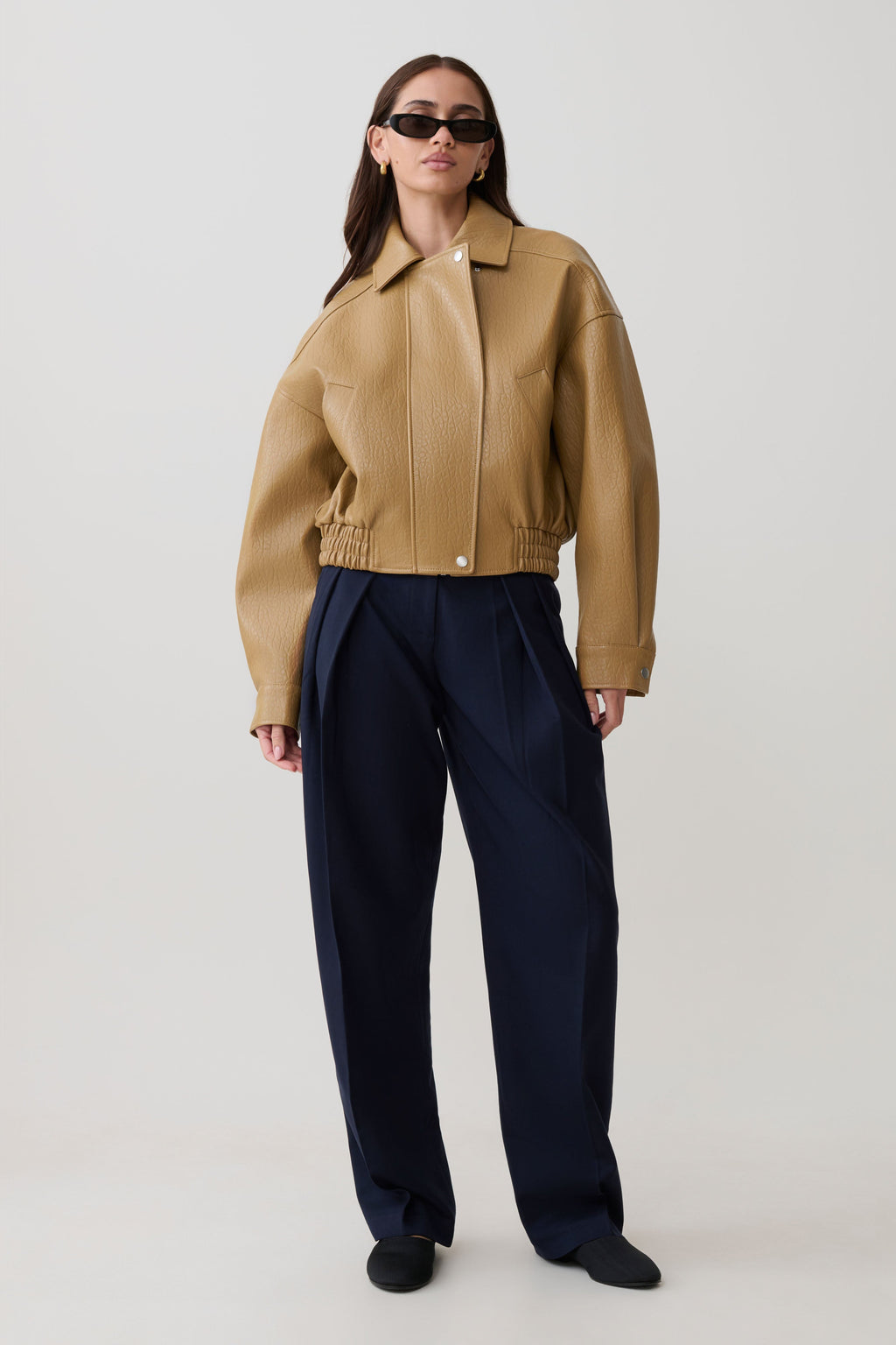 Paige Faux Leather Cropped Jacket - Beige