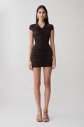 Alphine Gathered Short Sleeve Mini Dress - Chocolate