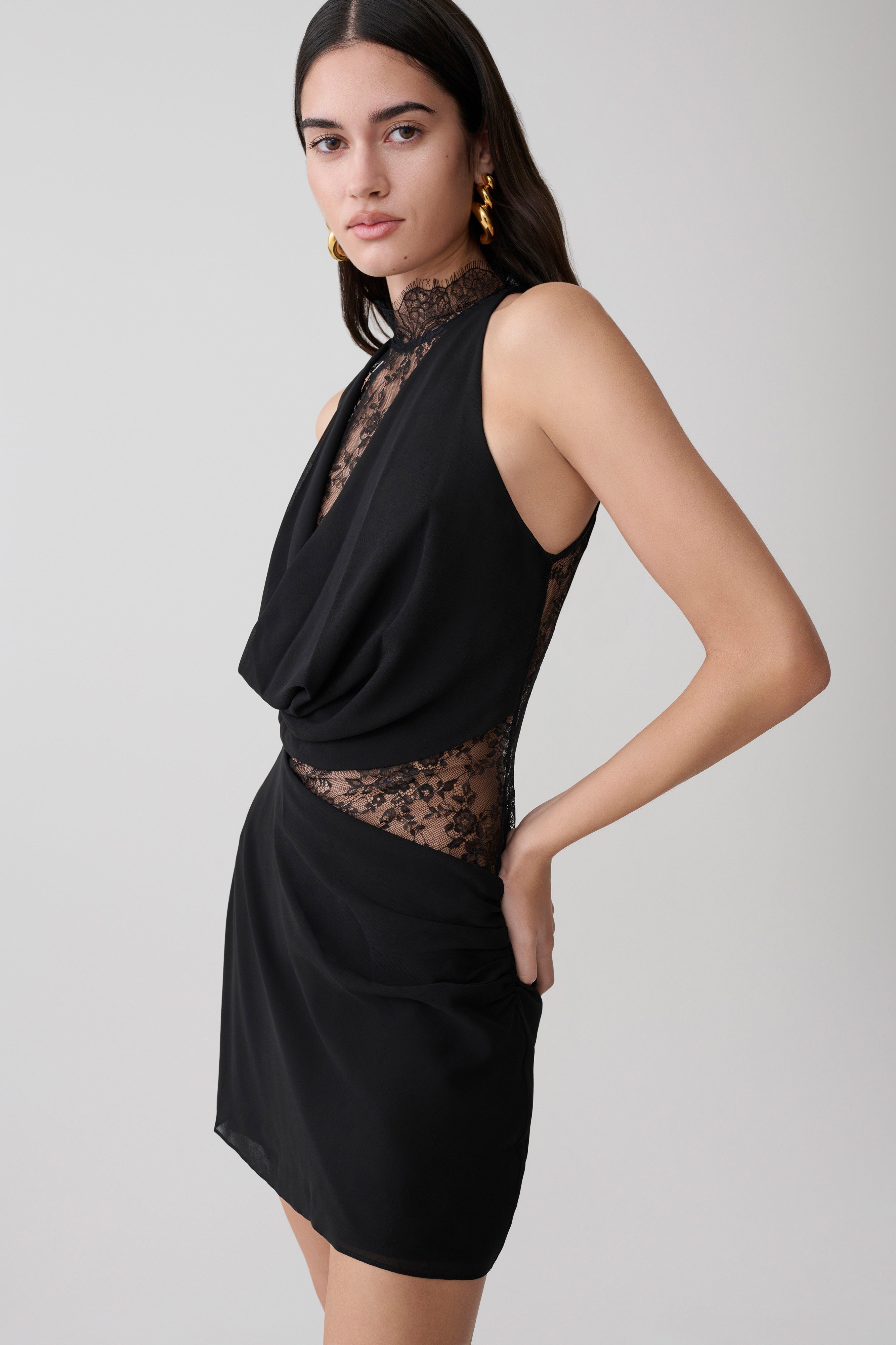 Arra Chiffon And Lace Halter Mini Dress - Black