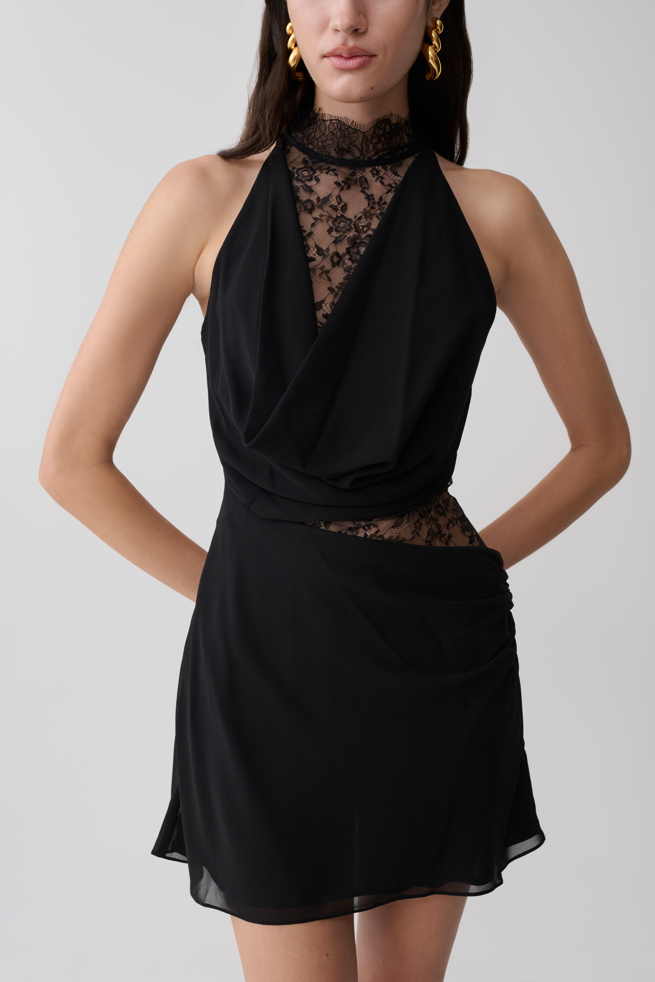 Arra Chiffon And Lace Halter Mini Dress - Black