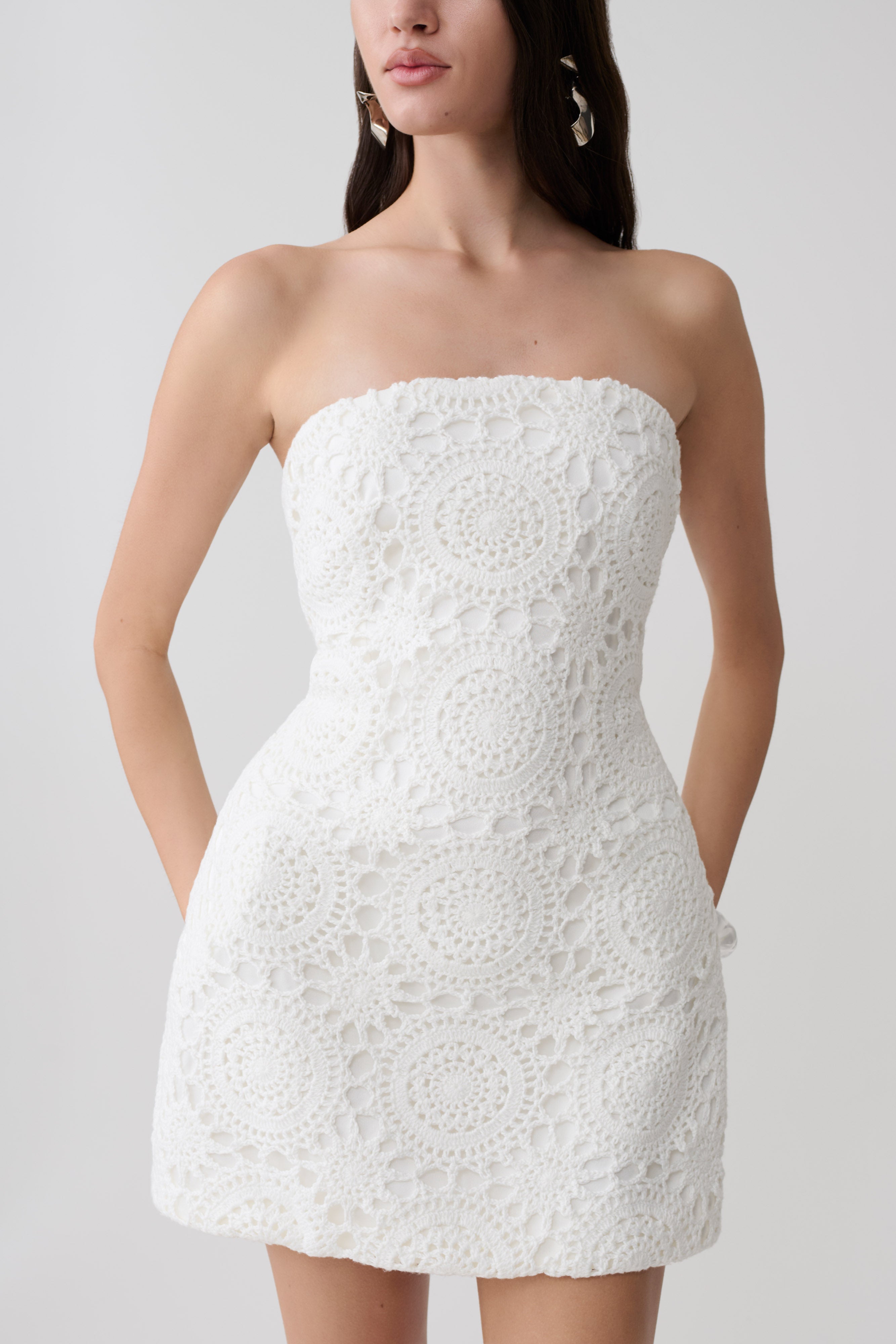 Stasia Strapless Crochet Mini Dress - White