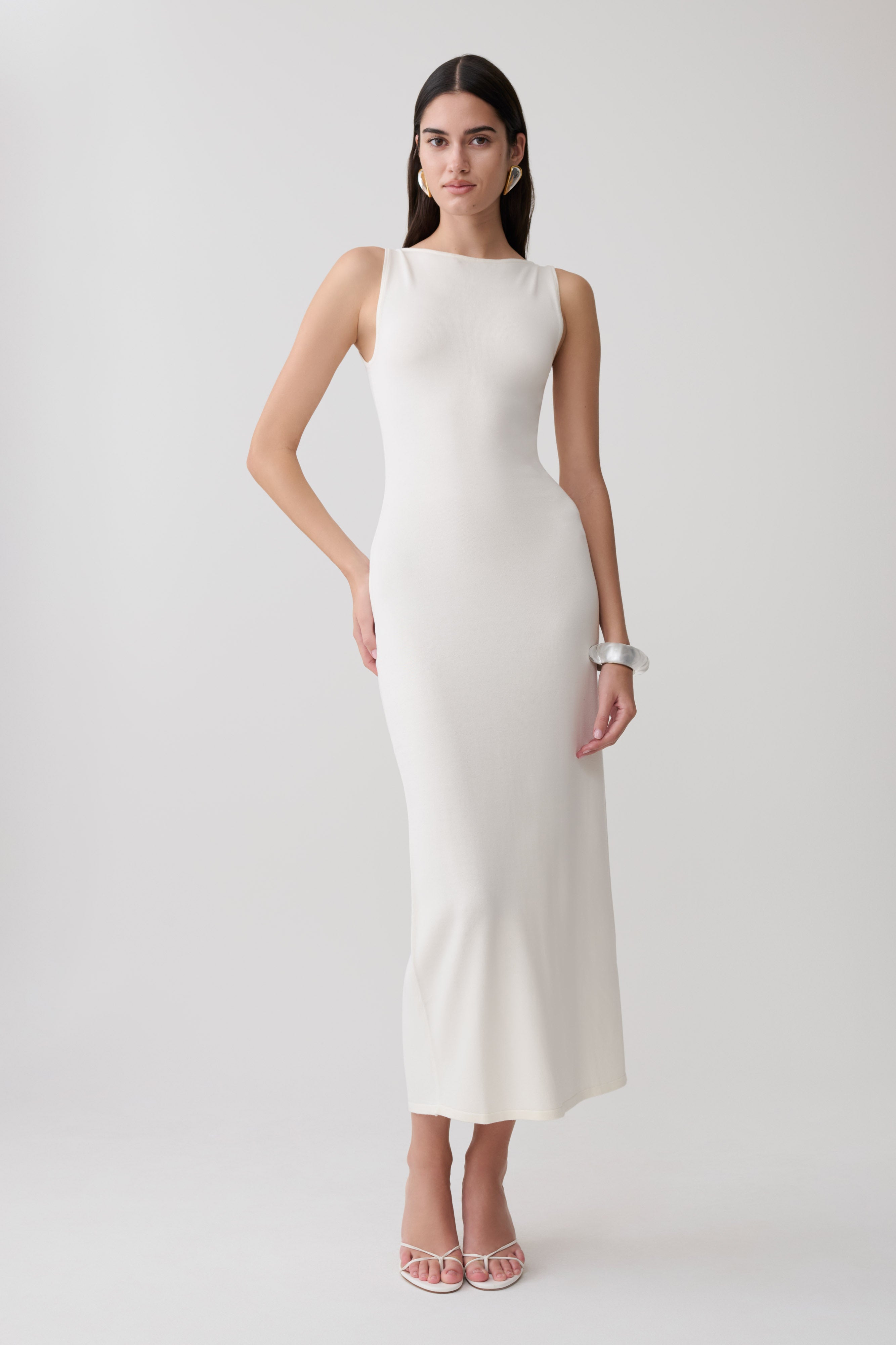 Boston Boat Neck Sleeveless Midi Dress - Ivory