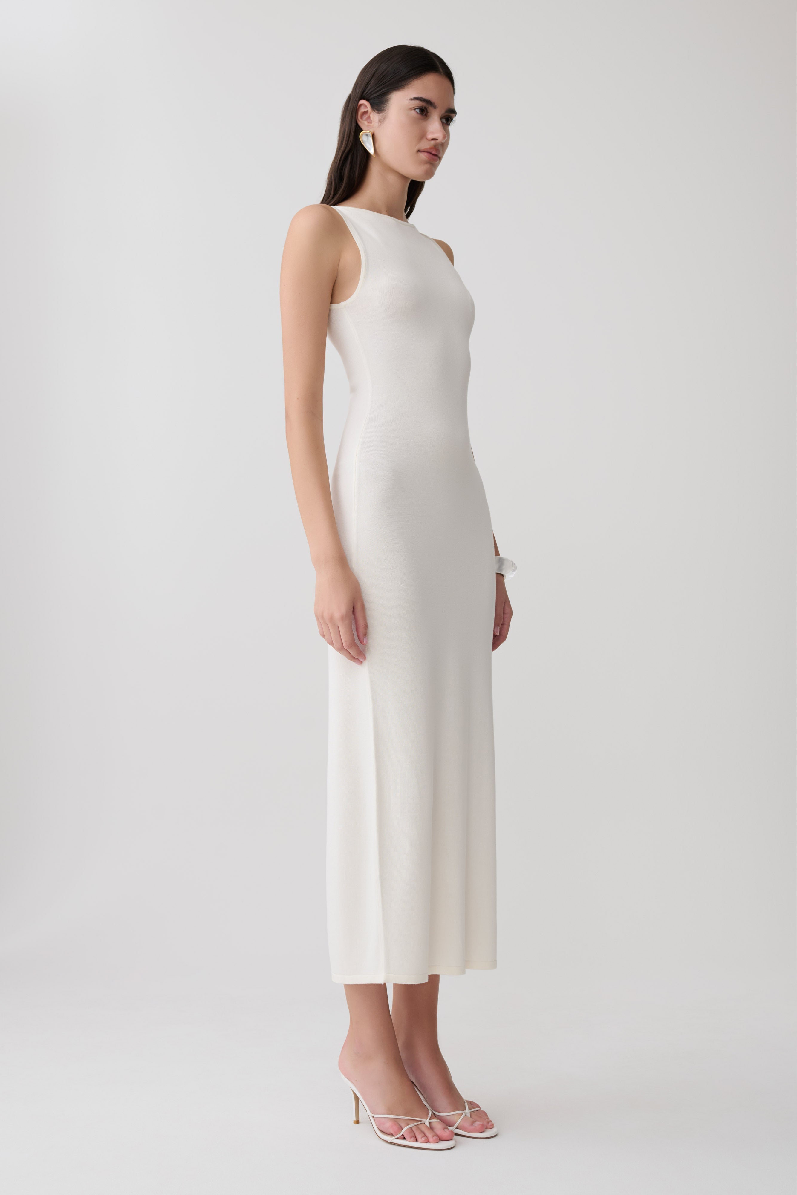 Boston Boat Neck Sleeveless Midi Dress - Ivory